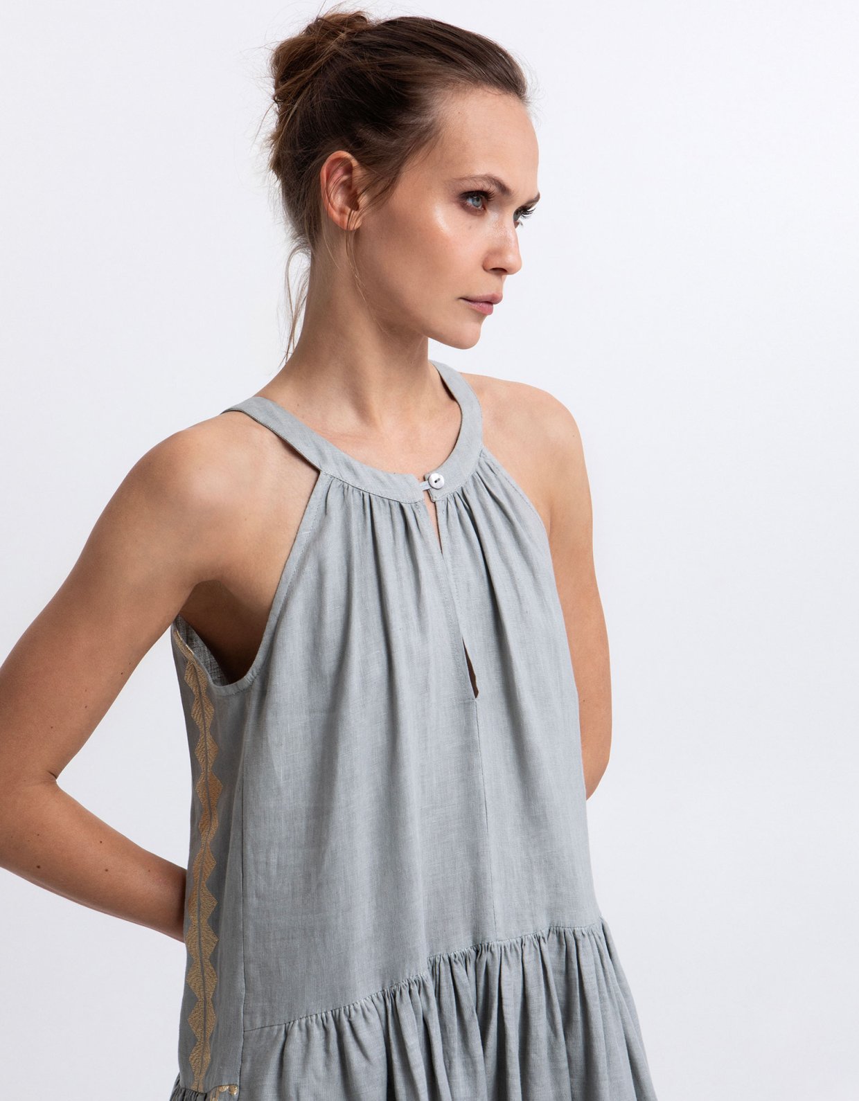 Greek Archaic Kori Feather halter neck maxi dress stone-gold