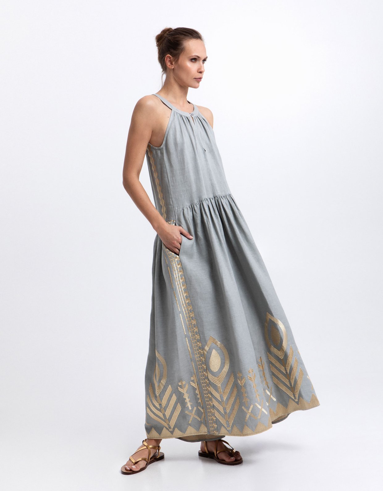 Greek Archaic Kori Feather halter neck maxi dress stone-gold