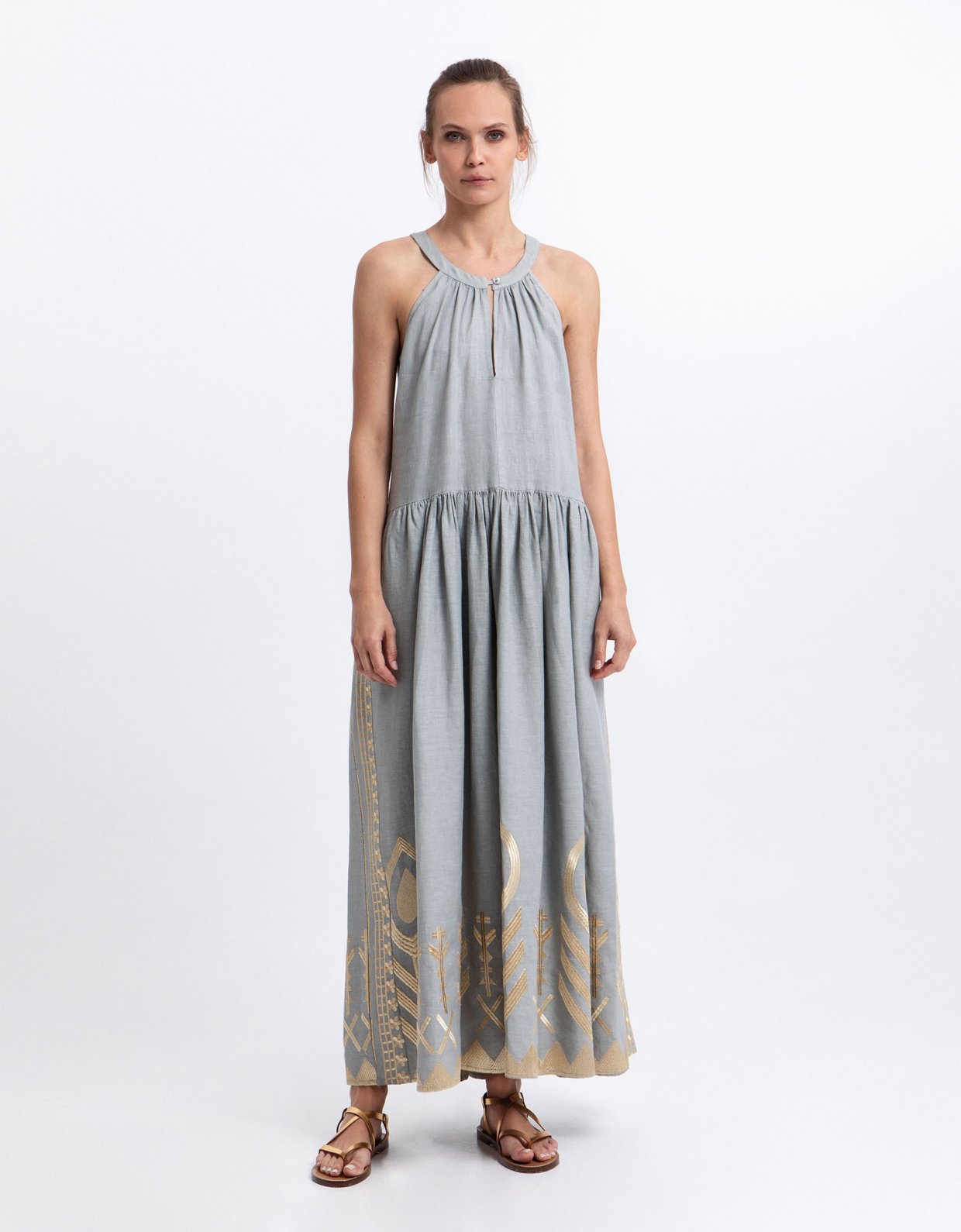 Greek Archaic Kori Feather halter neck maxi dress stone-gold