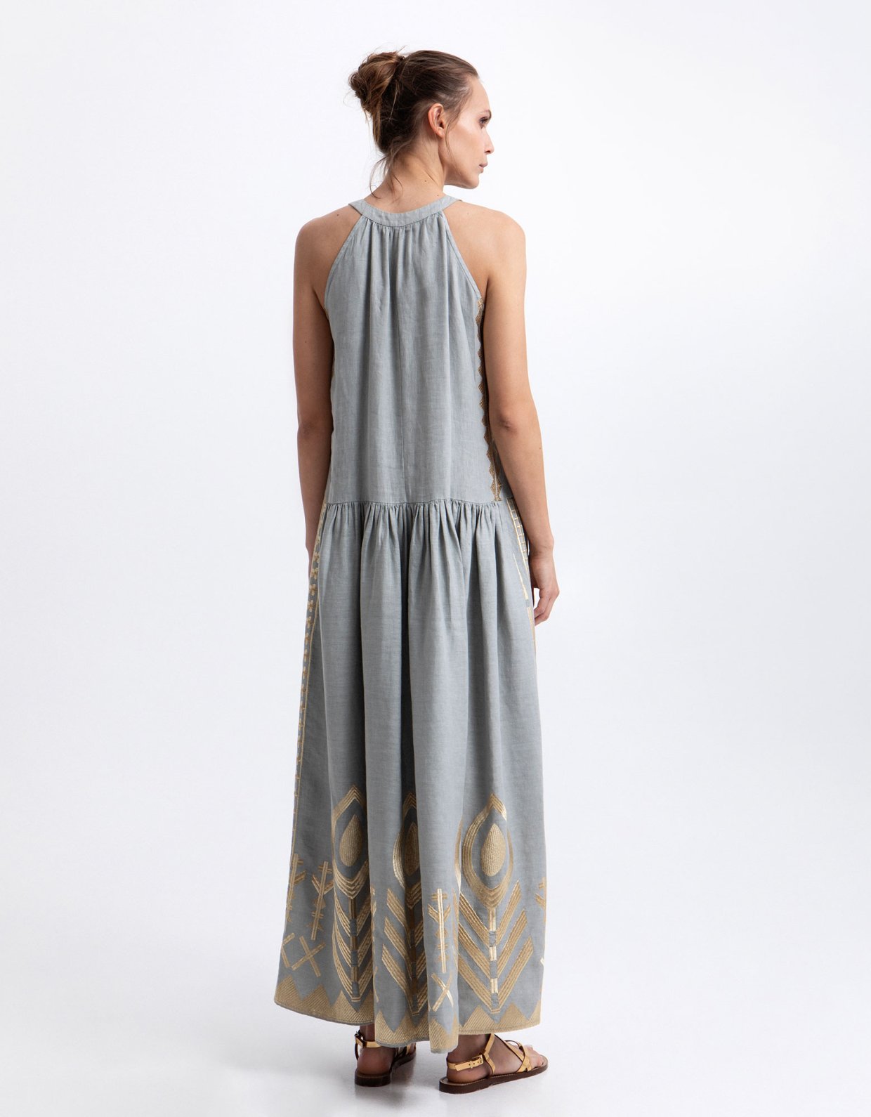 Greek Archaic Kori Feather halter neck maxi dress stone-gold