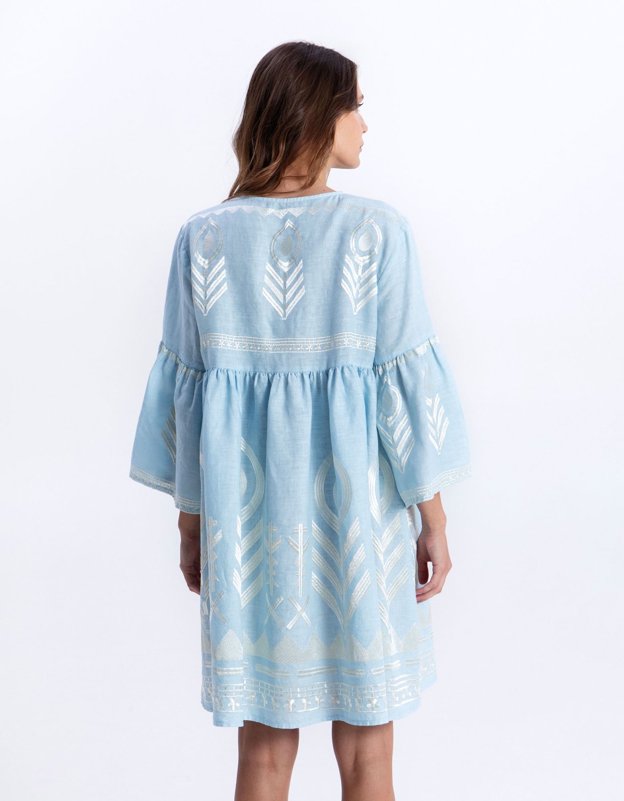 Greek Archaic Kori Feather mini bell sleeves dress ciel-champagne