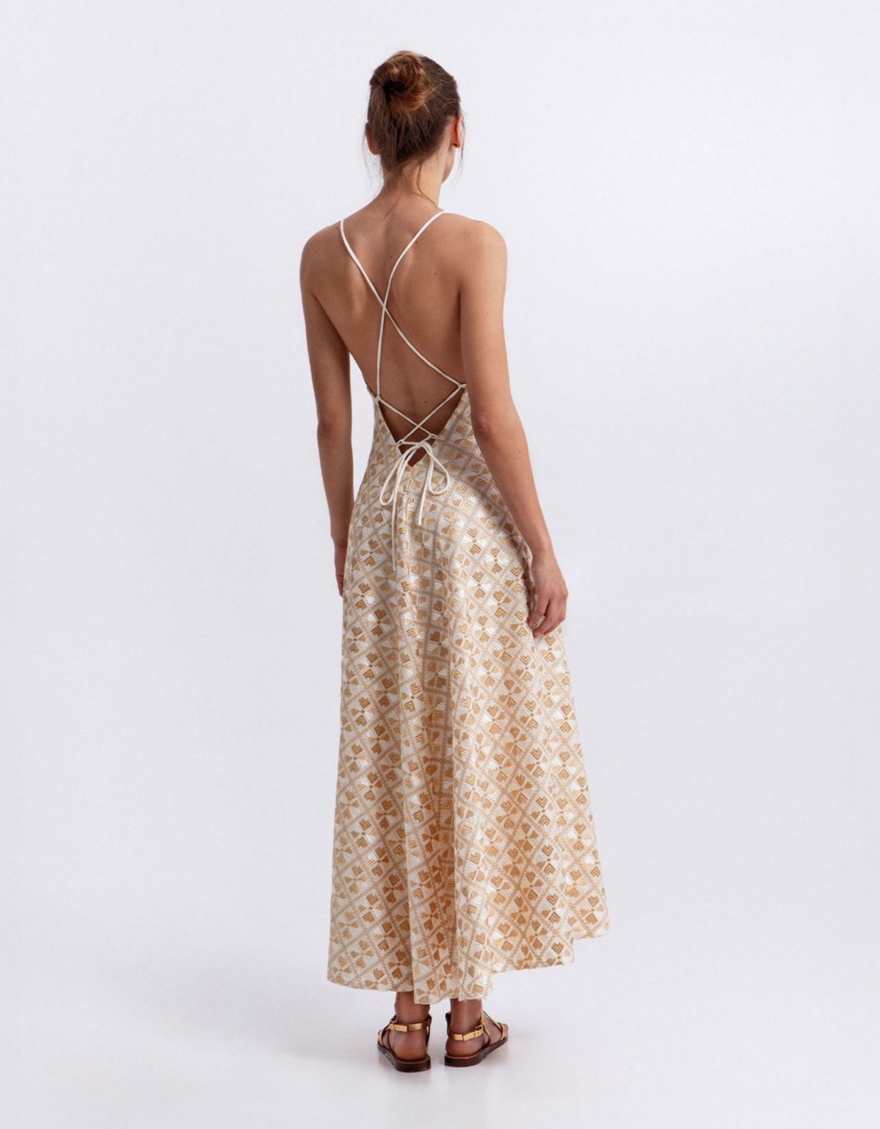 Greek Archaic Kori Flakes embroidered long dress white-gold champagne