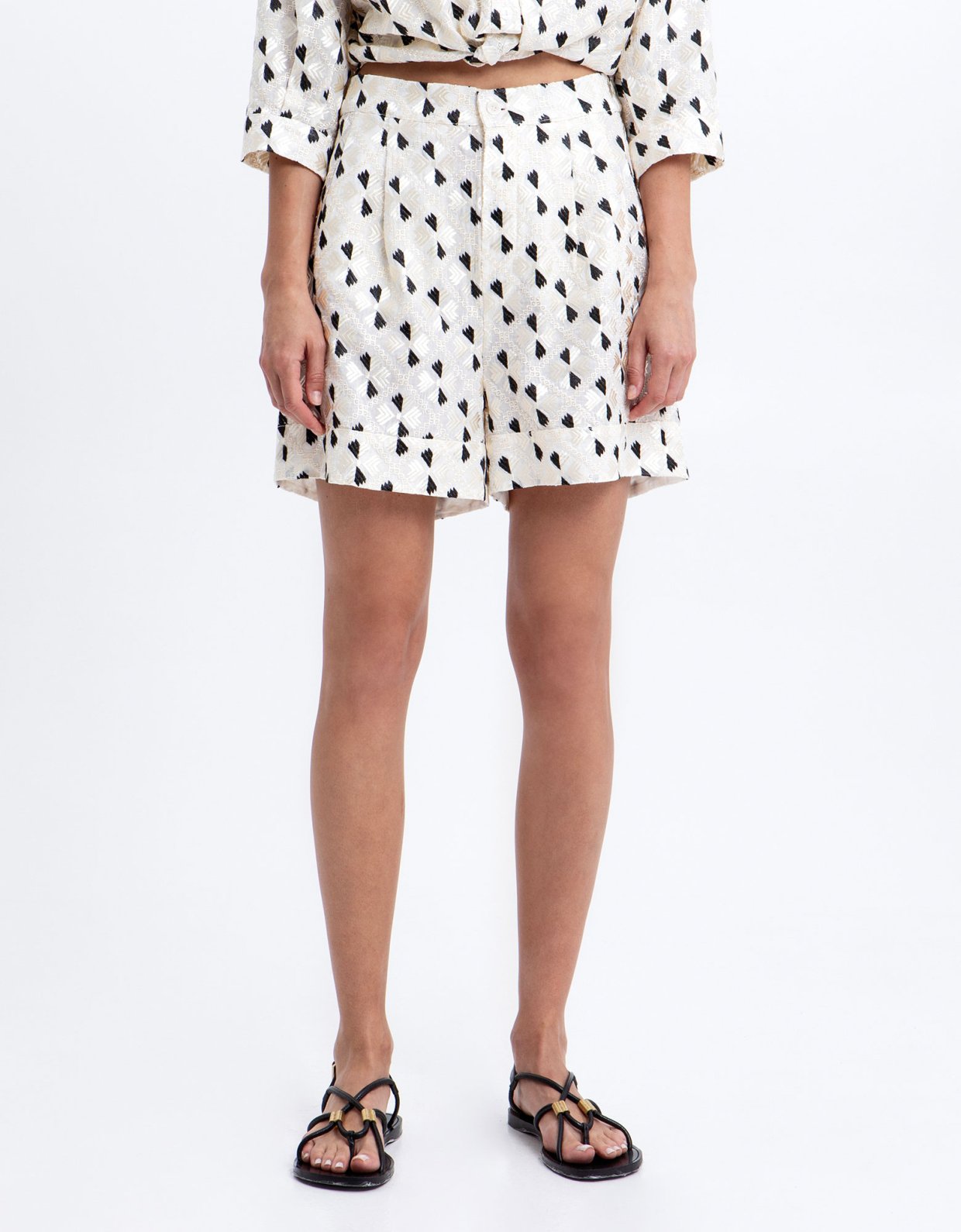 Greek Archaic Kori Flakes embroidered pleated shorts white –champagne black shiny