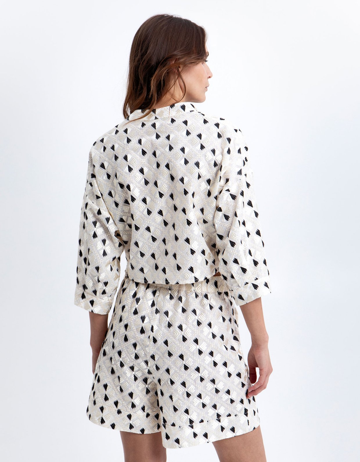 Greek Archaic Kori Flakes embroidered pleated shorts white –champagne black shiny