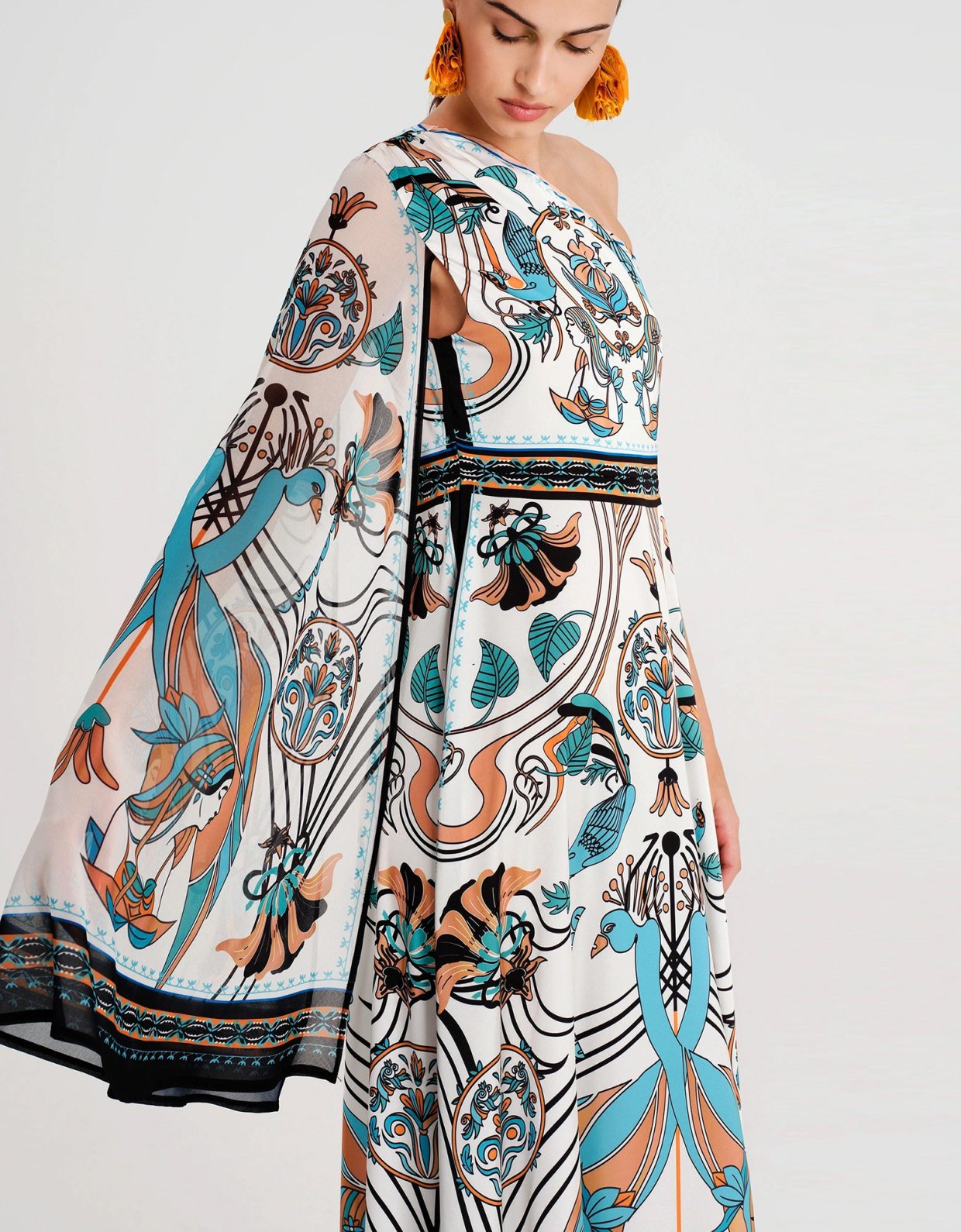 Peace and Chaos Fountain one shoulder long dress