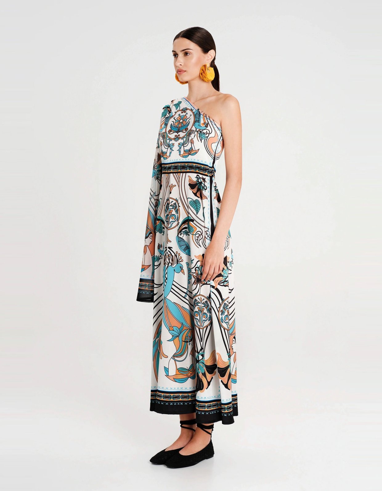 Peace and Chaos Fountain one shoulder long dress