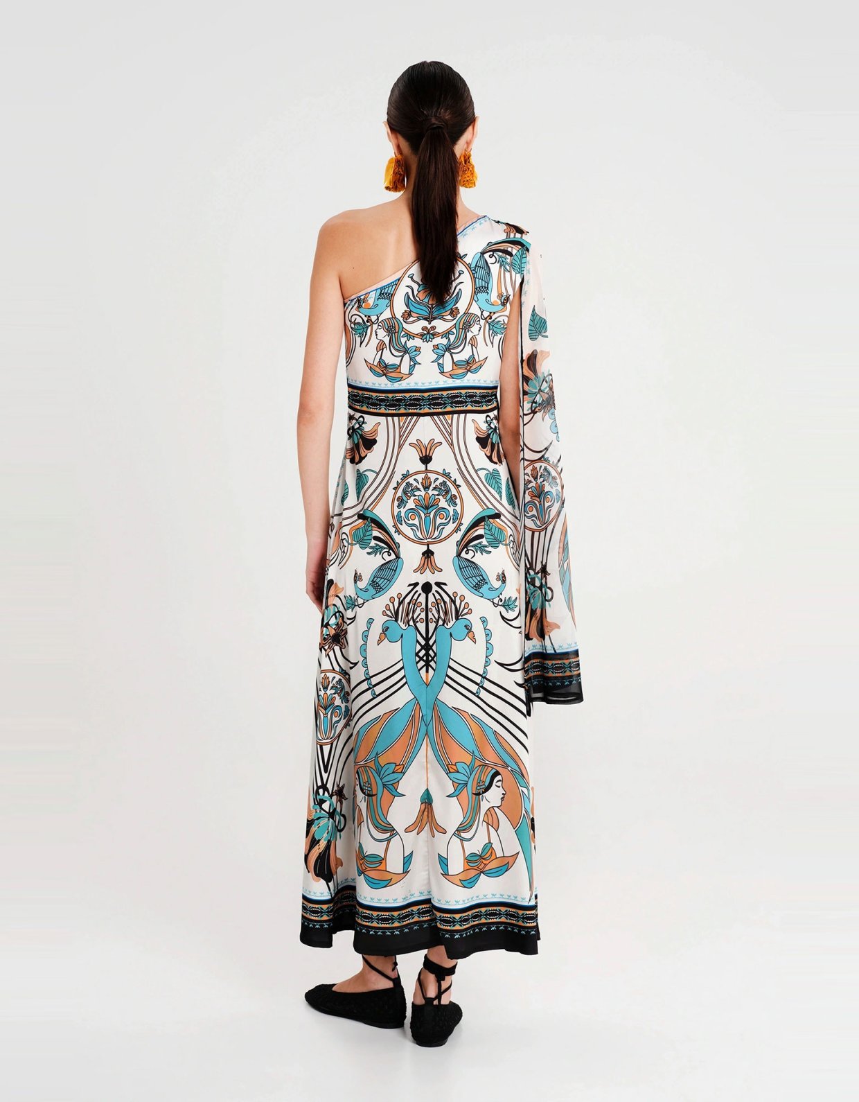 Peace and Chaos Fountain one shoulder long dress