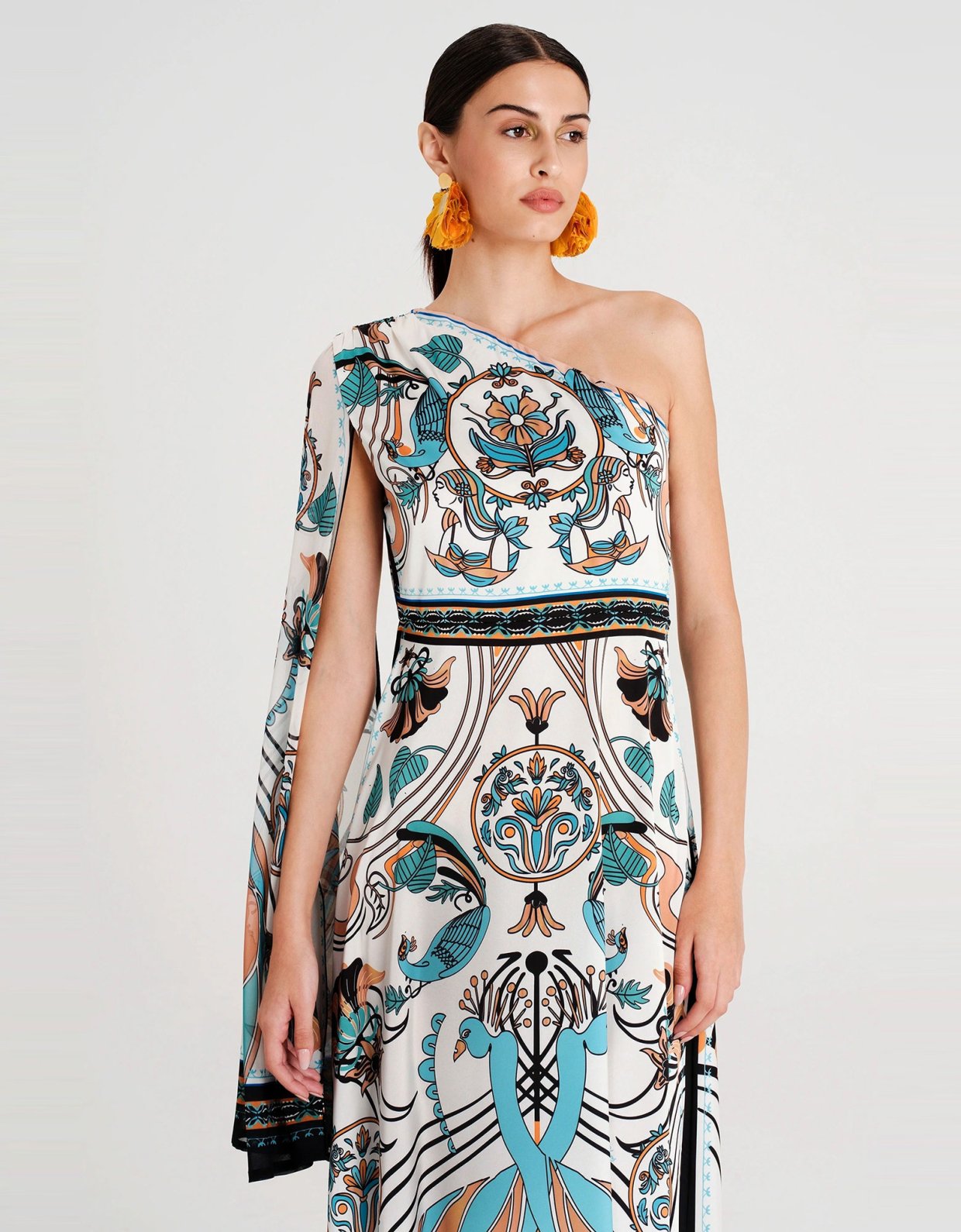 Peace and Chaos Fountain one shoulder long dress