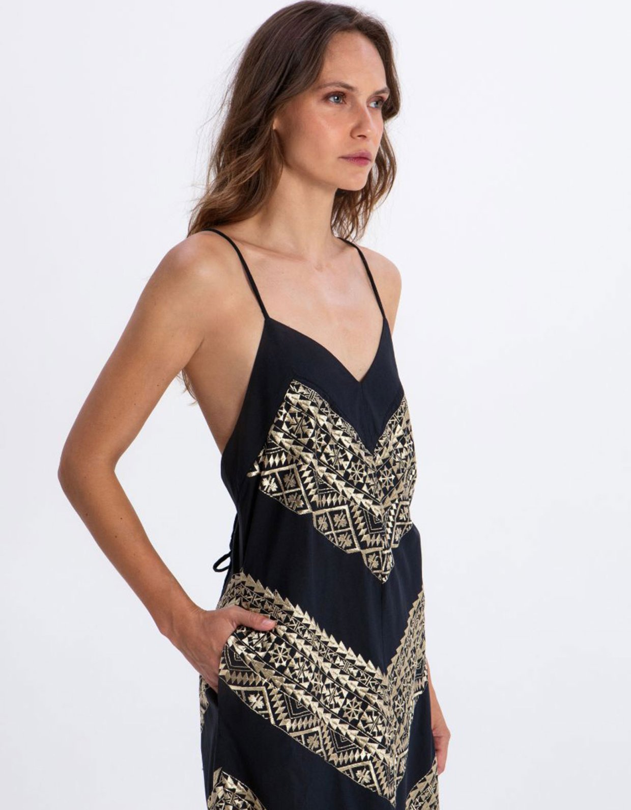 Greek Archaic Kori Classic  triangle embroidered maxi dress cross straps black-gold