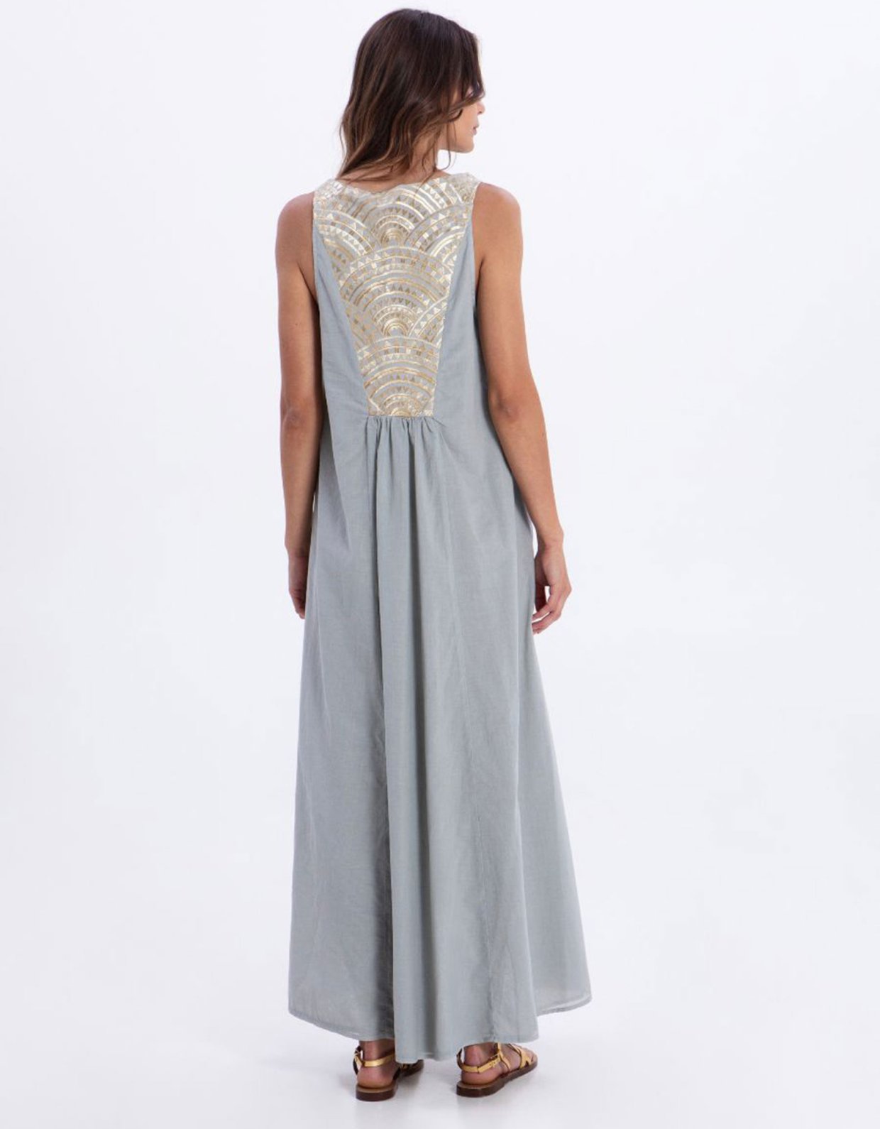 Greek Archaic Kori New triangle sleeveless embroidered maxi dress stone-gold