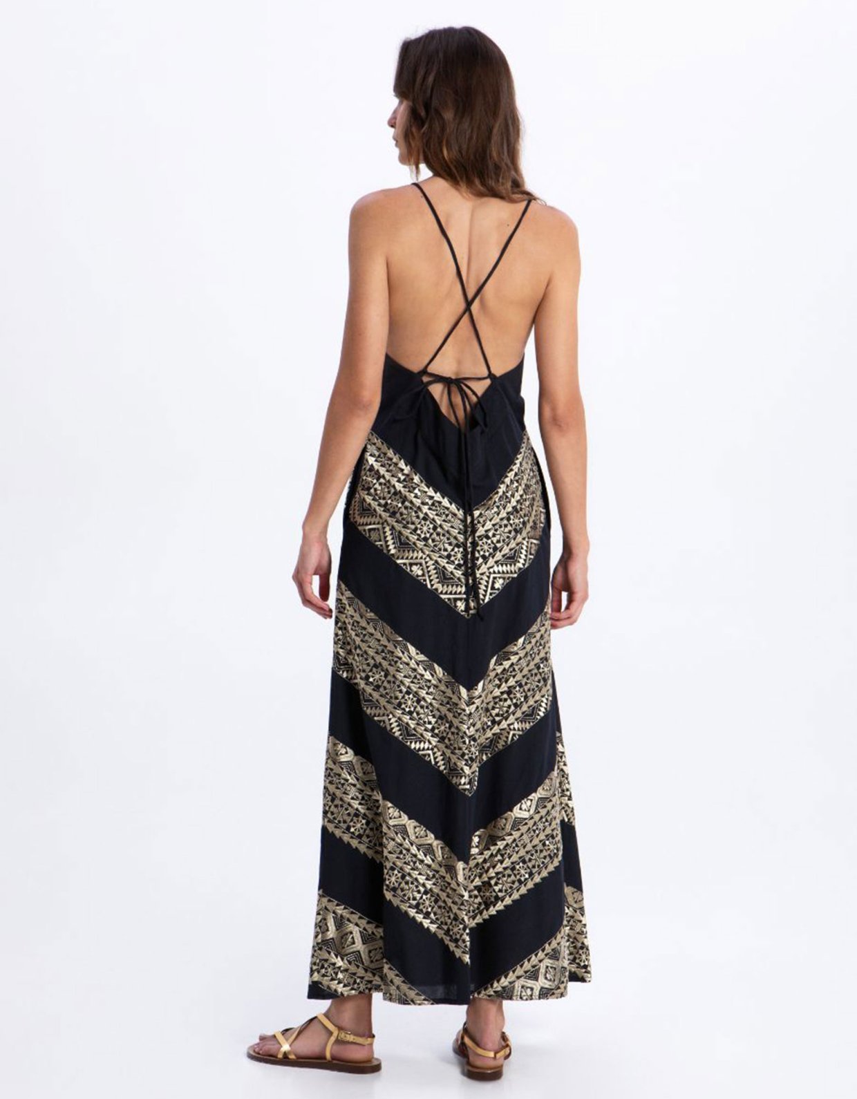 Greek Archaic Kori Classic  triangle embroidered maxi dress cross straps black-gold