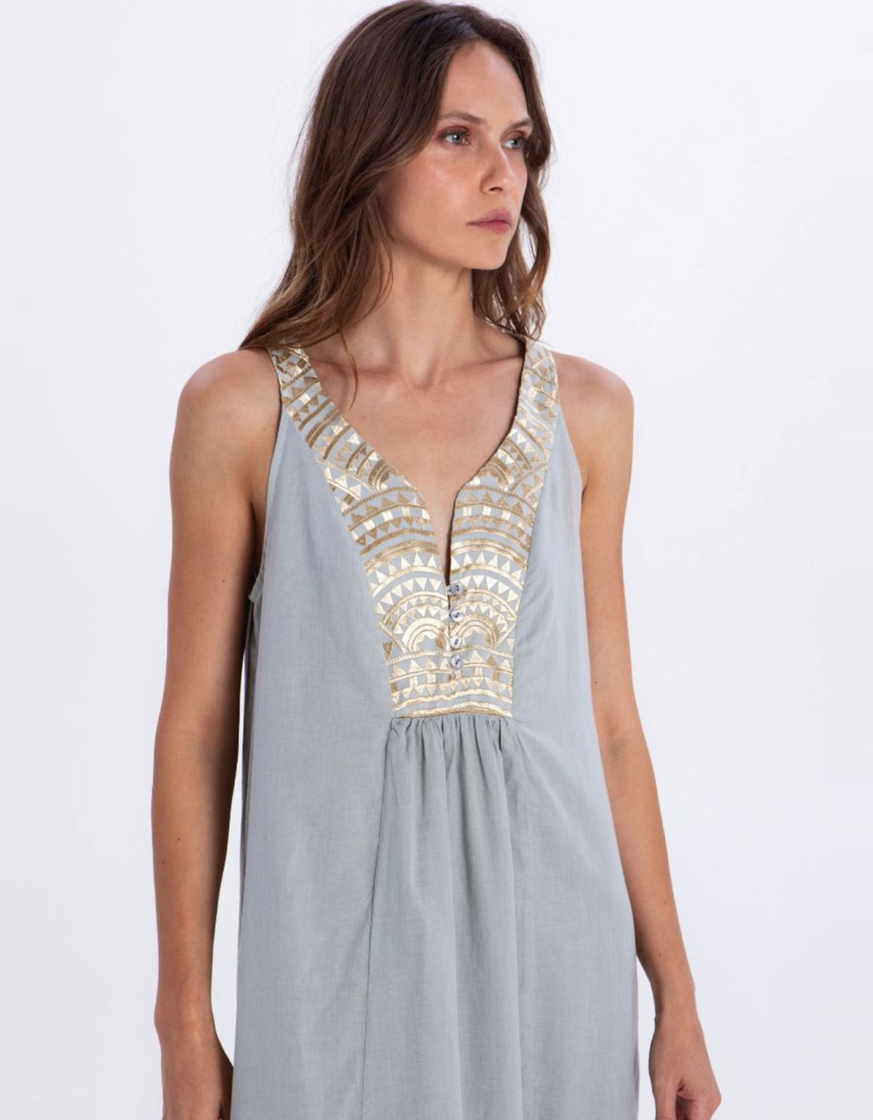 Greek Archaic Kori New triangle sleeveless embroidered maxi dress stone-gold