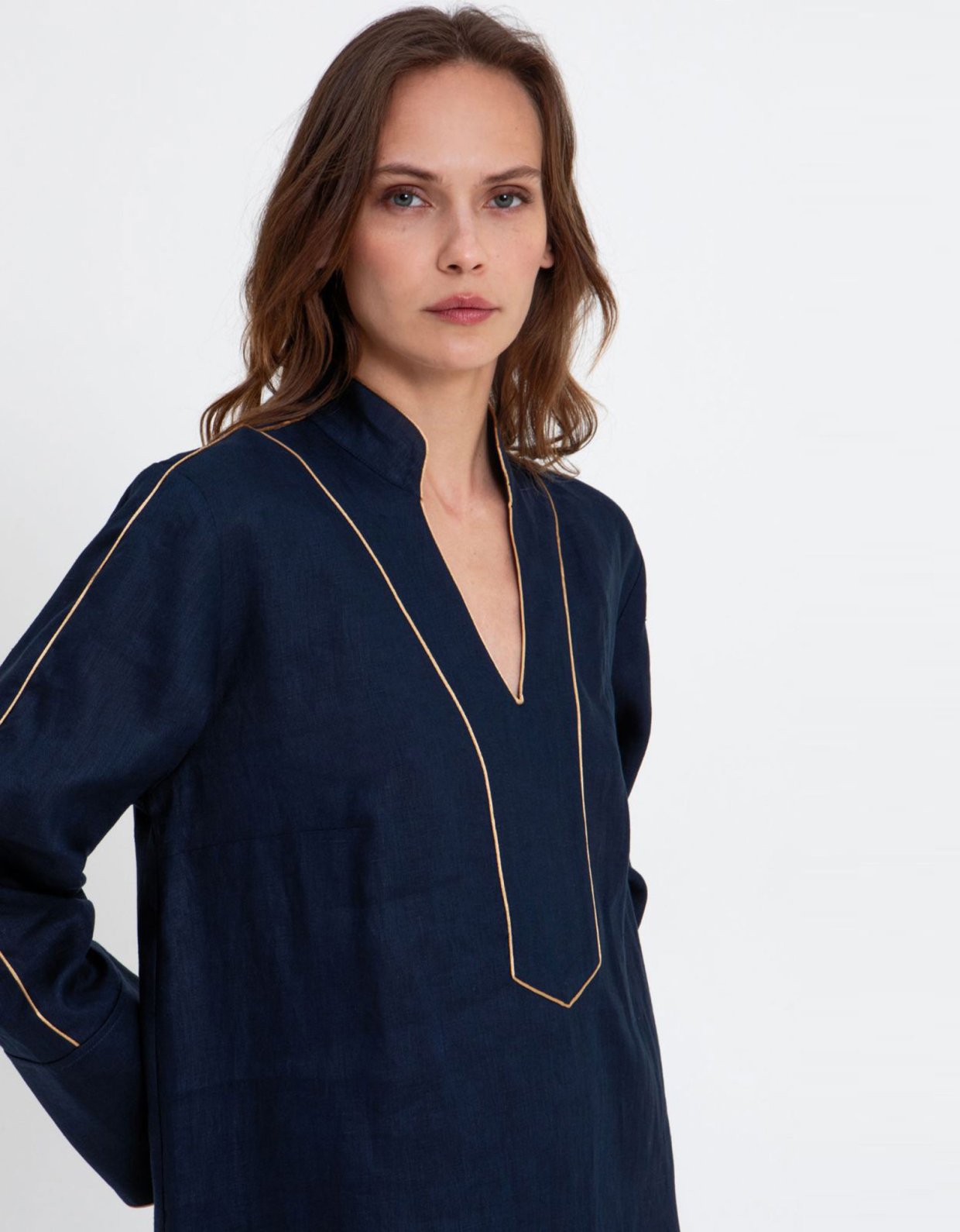 Greek Archaic Kori Maxi linen tunic dress navy/gold