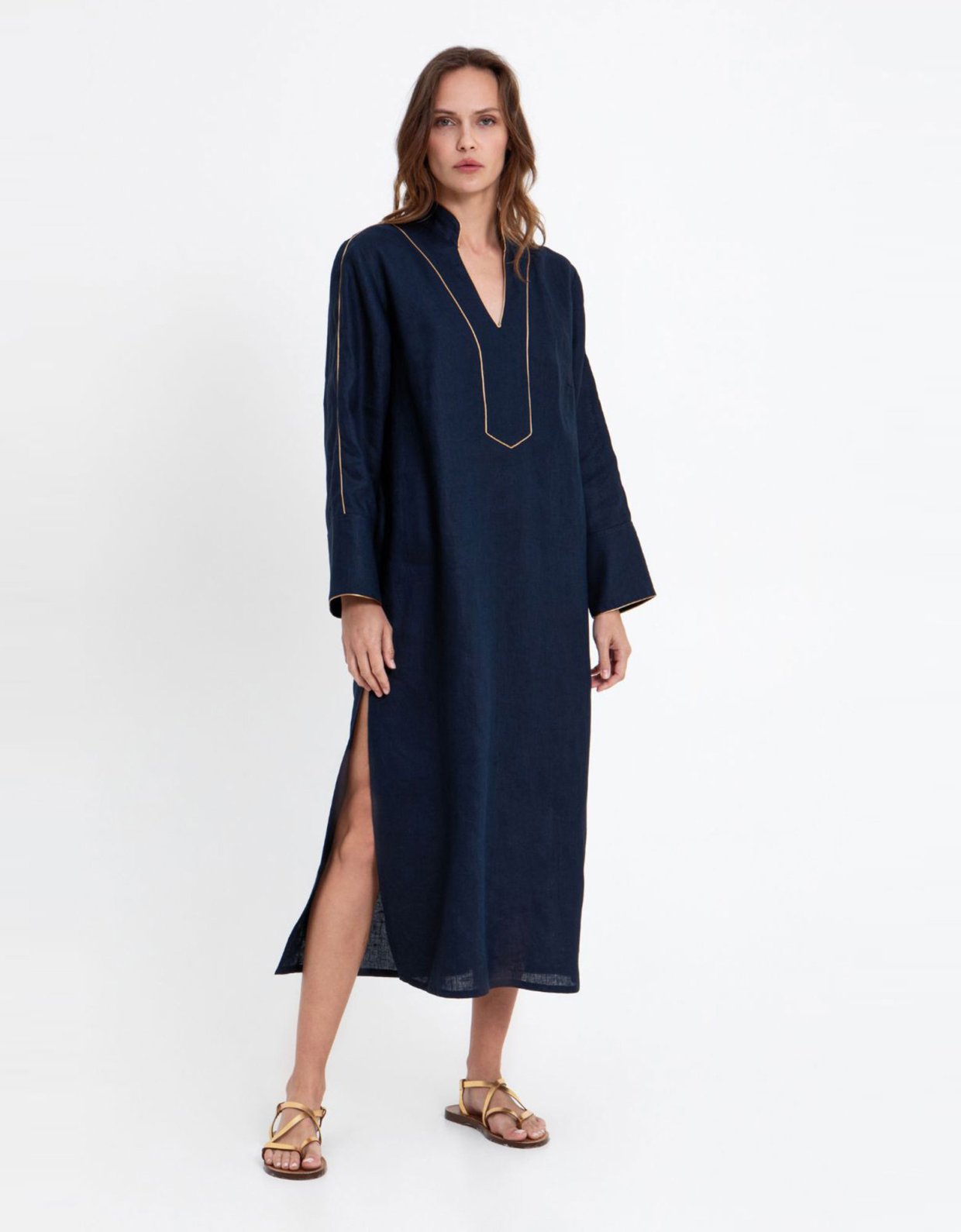 Greek Archaic Kori Maxi linen tunic dress navy/gold