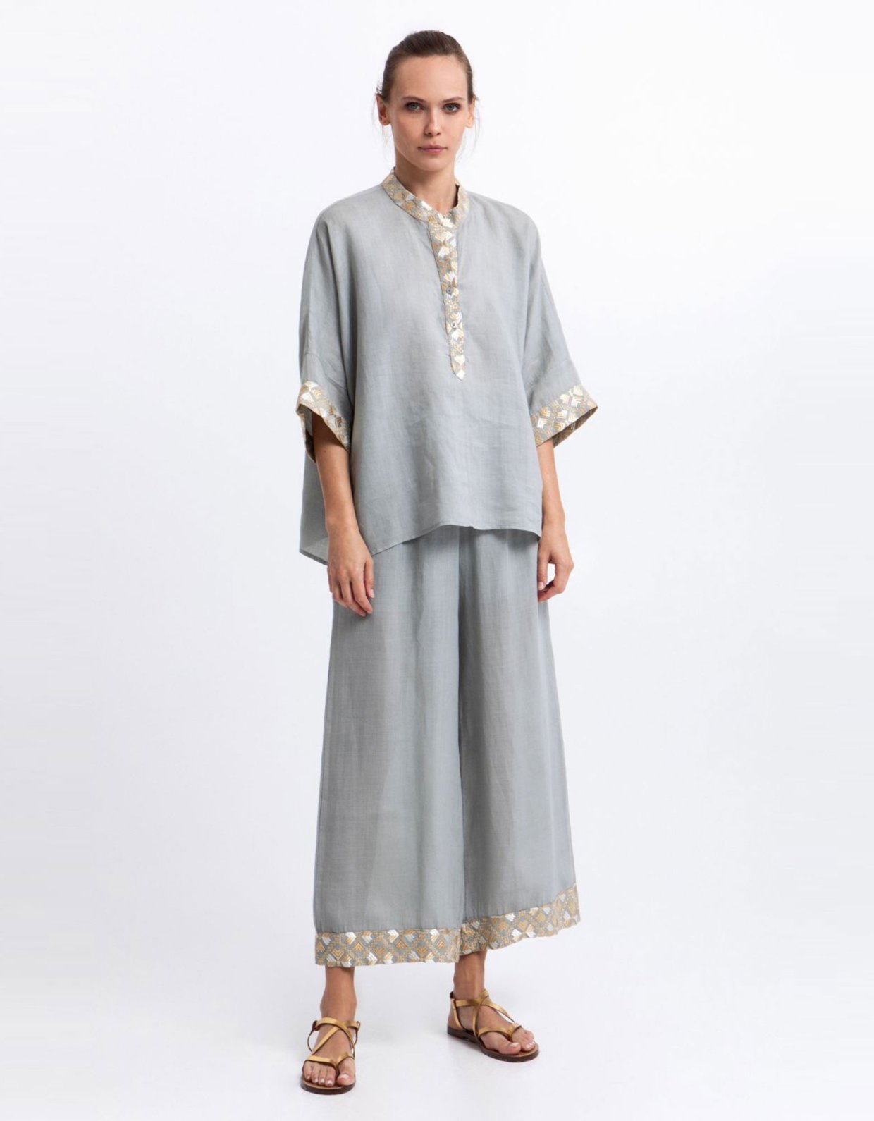 Greek Archaic Kori Embroidered flakes pants sage-gold champagne