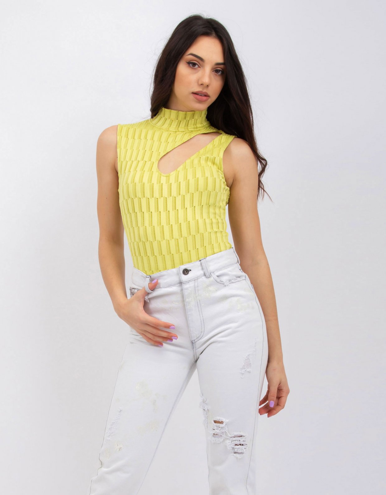 Kendall + Kylie Staggered knit stipe green lime bodysuit