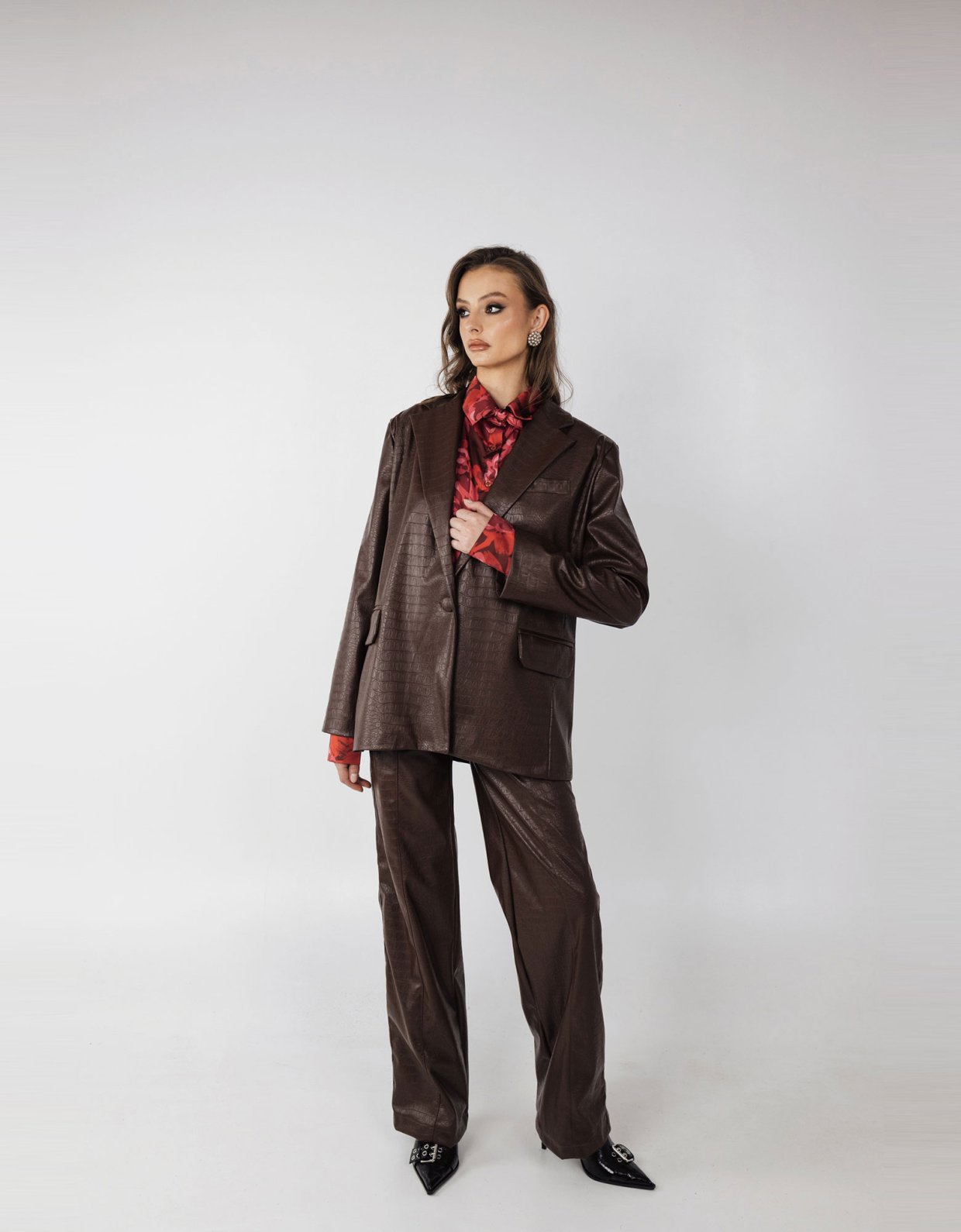 Tacked Vegan Leather Flared Trousers - Chocolate Brown