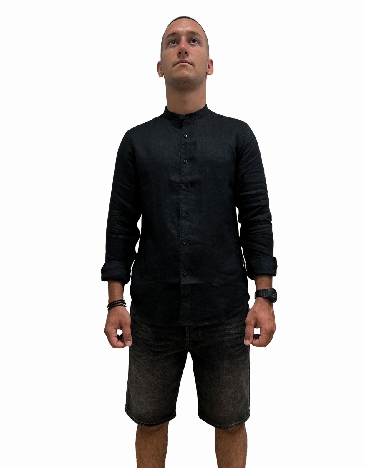 Gianni Lupo Mao collar linen shirt black