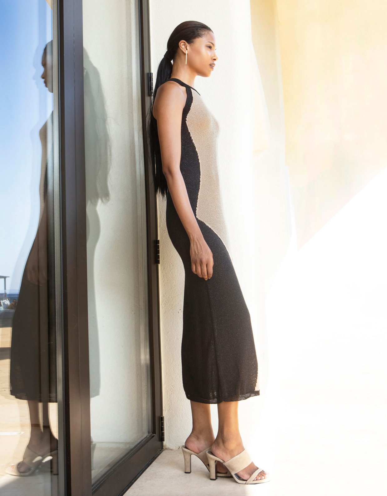 Aggel Knitwear Intarsia midi knit lurex dress black-beige