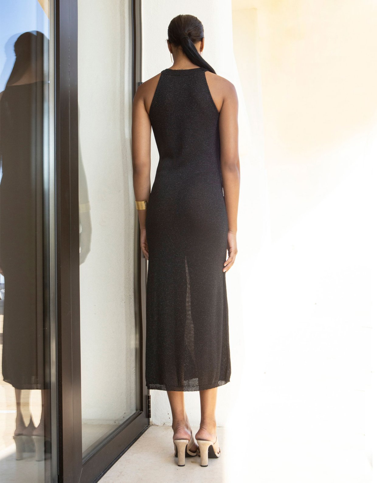 Aggel Knitwear Intarsia midi knit lurex dress black-beige