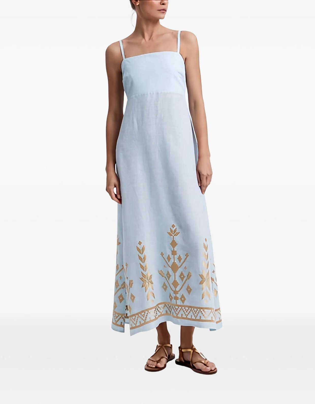 Greek Archaic Kori Ios long linen dress ciel-gold