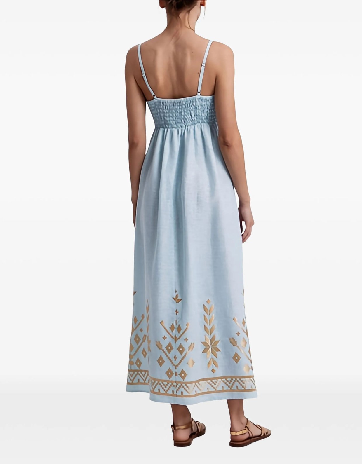 Greek Archaic Kori Ios long linen dress ciel-gold