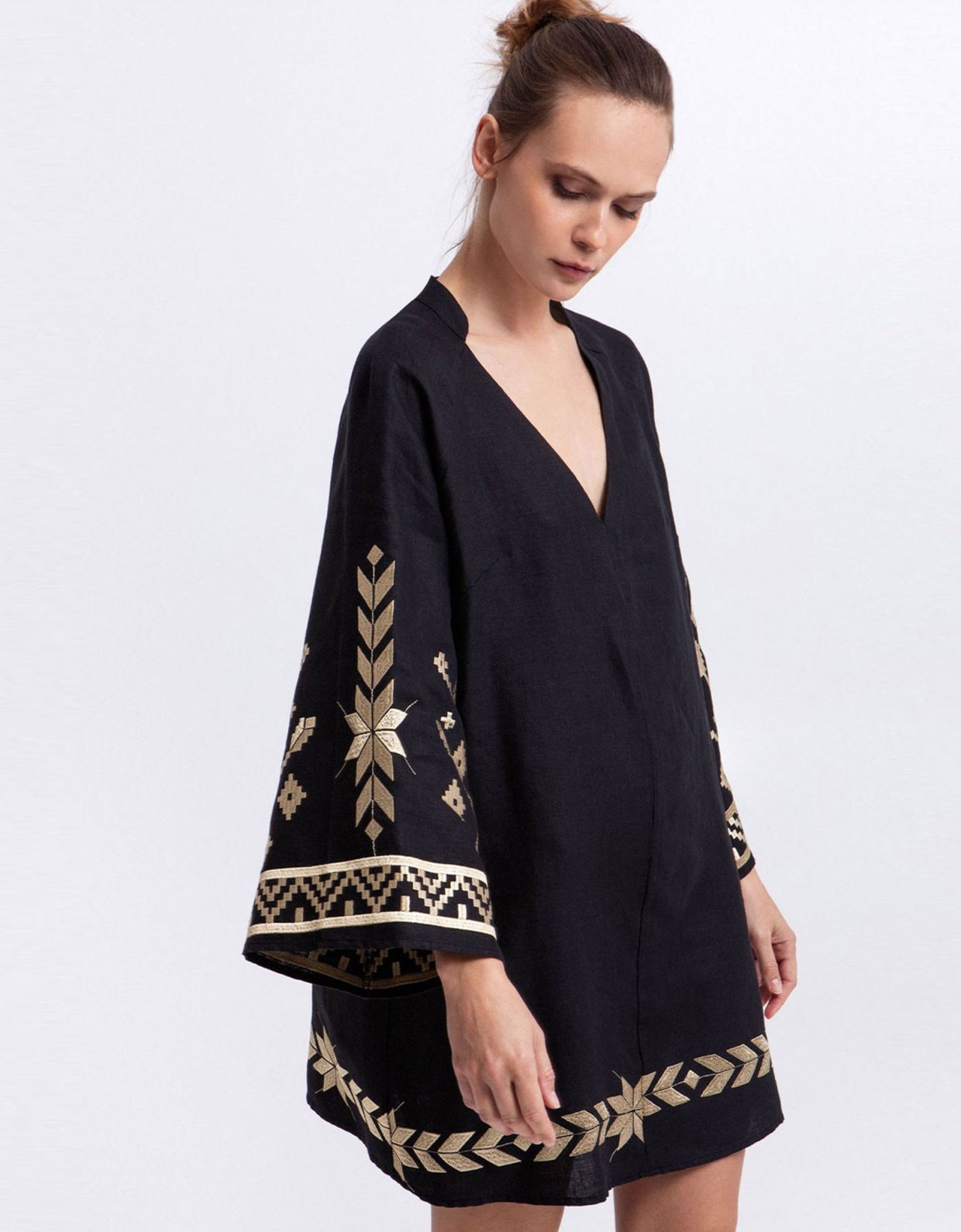 Greek Archaic Kori Ios mini bell sleeve dress black-gold