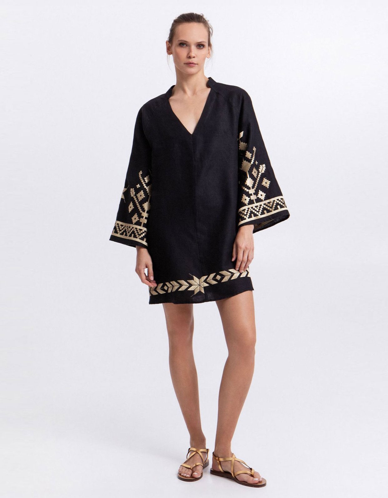 Greek Archaic Kori Ios mini bell sleeve dress black-gold