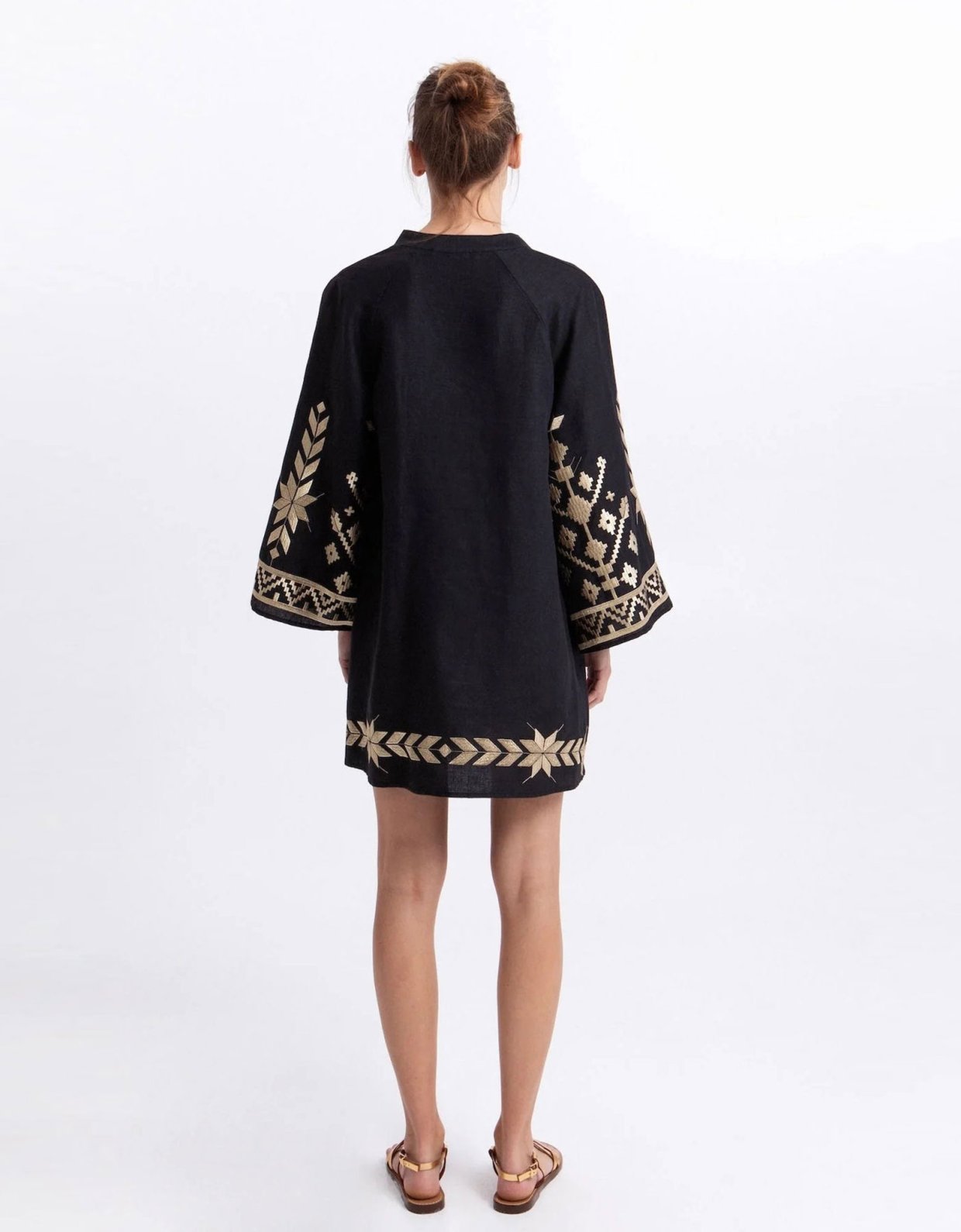 Greek Archaic Kori Ios mini bell sleeve dress black-gold