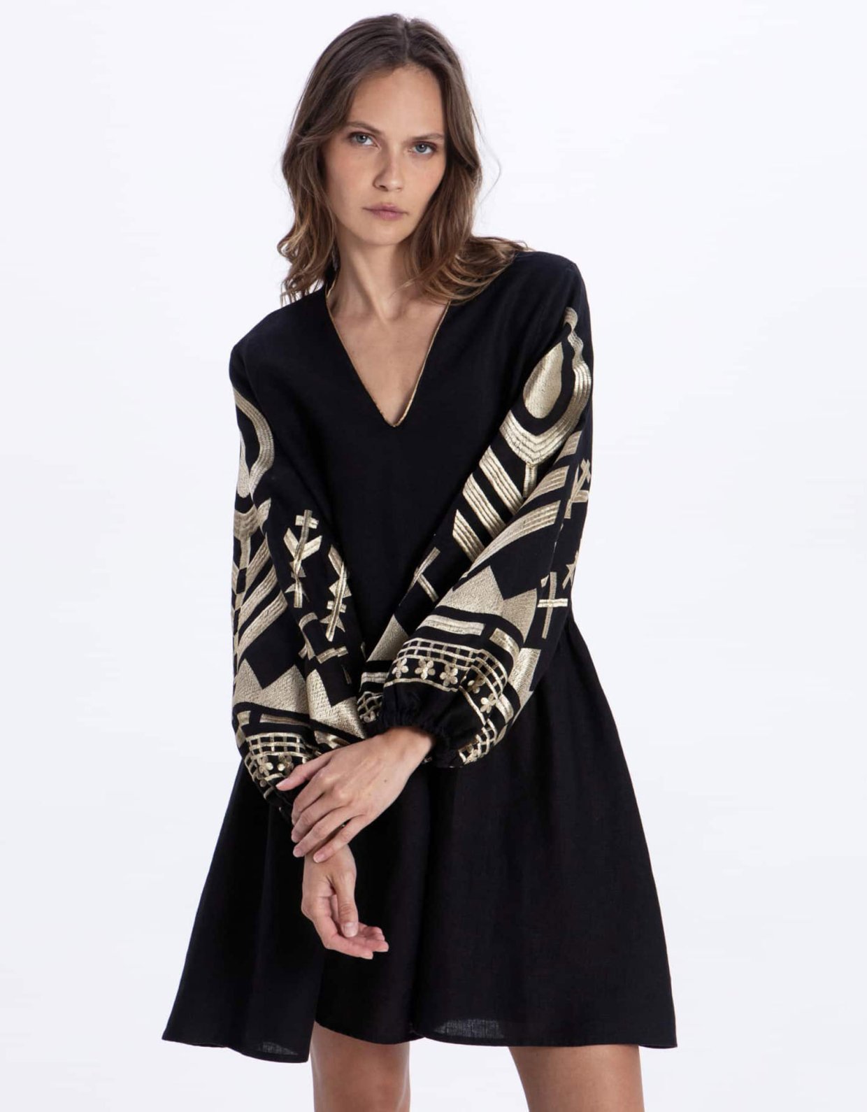 Greek Archaic Kori Ios mini linen wrap dress black-gold