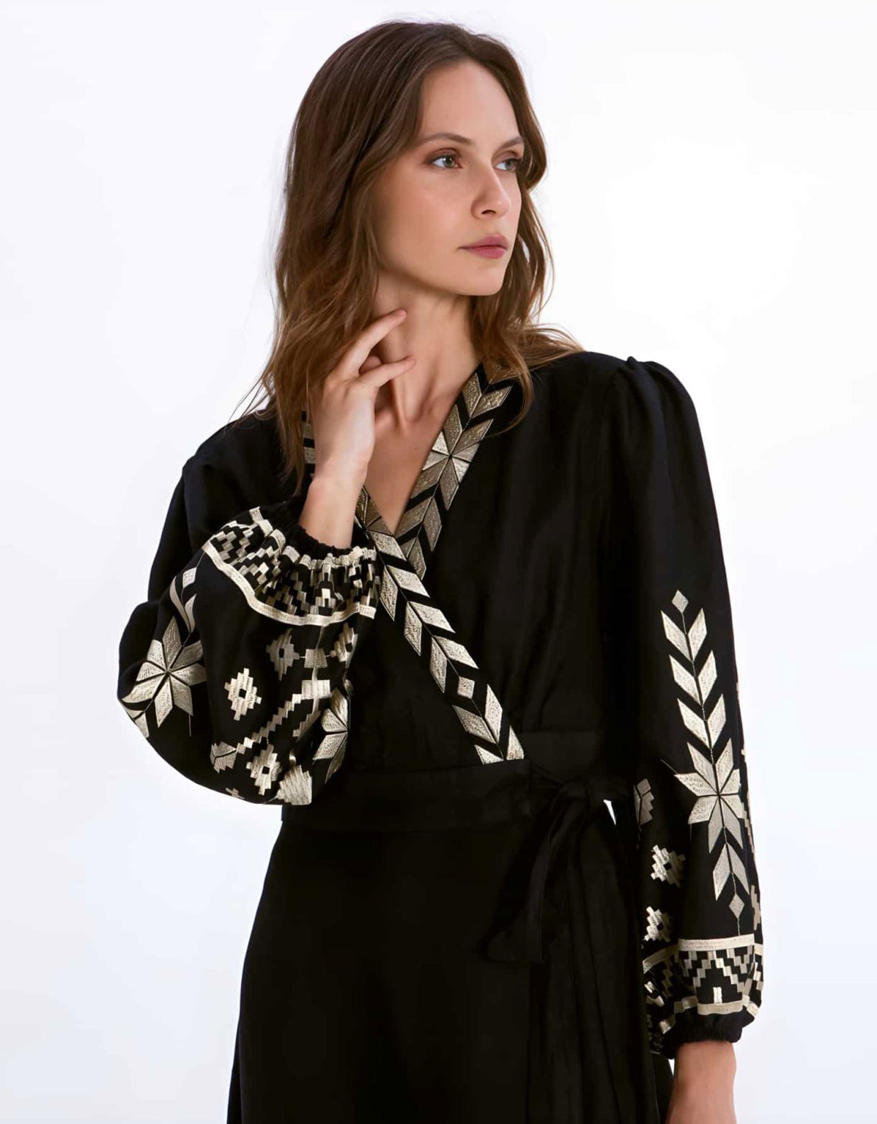 Greek Archaic Kori Ios mini linen wrap dress black-gold