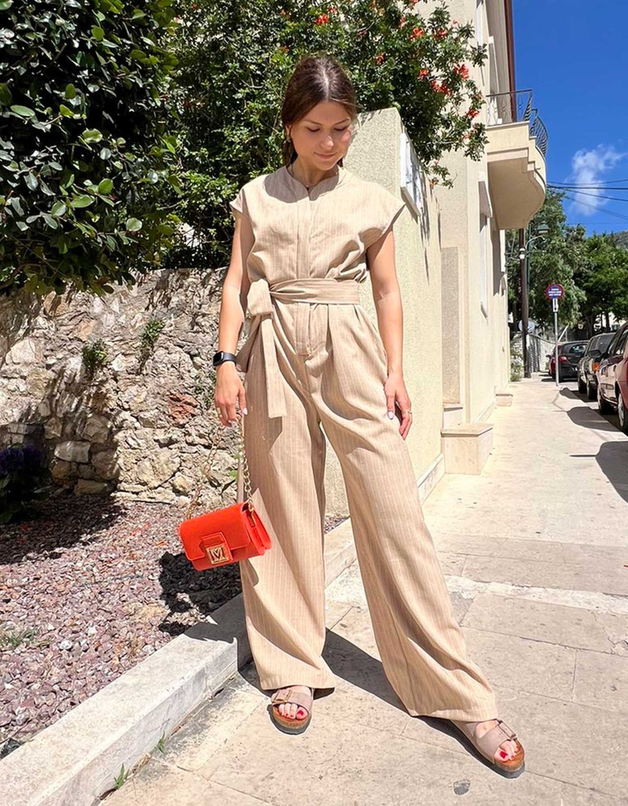 The Knl's Confidence linen jumpsuit striped beige