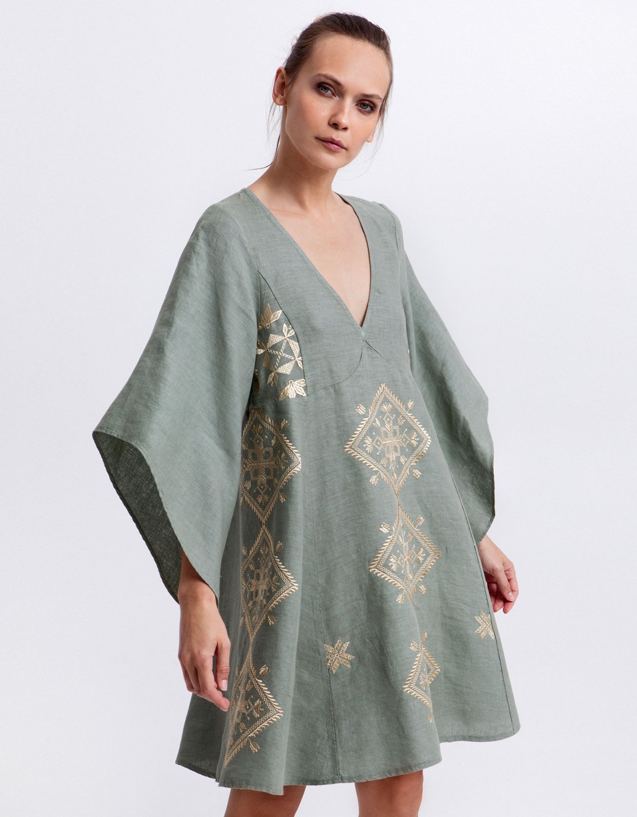 Greek Archaic Kori Lefkada mini linen dress sage-gold