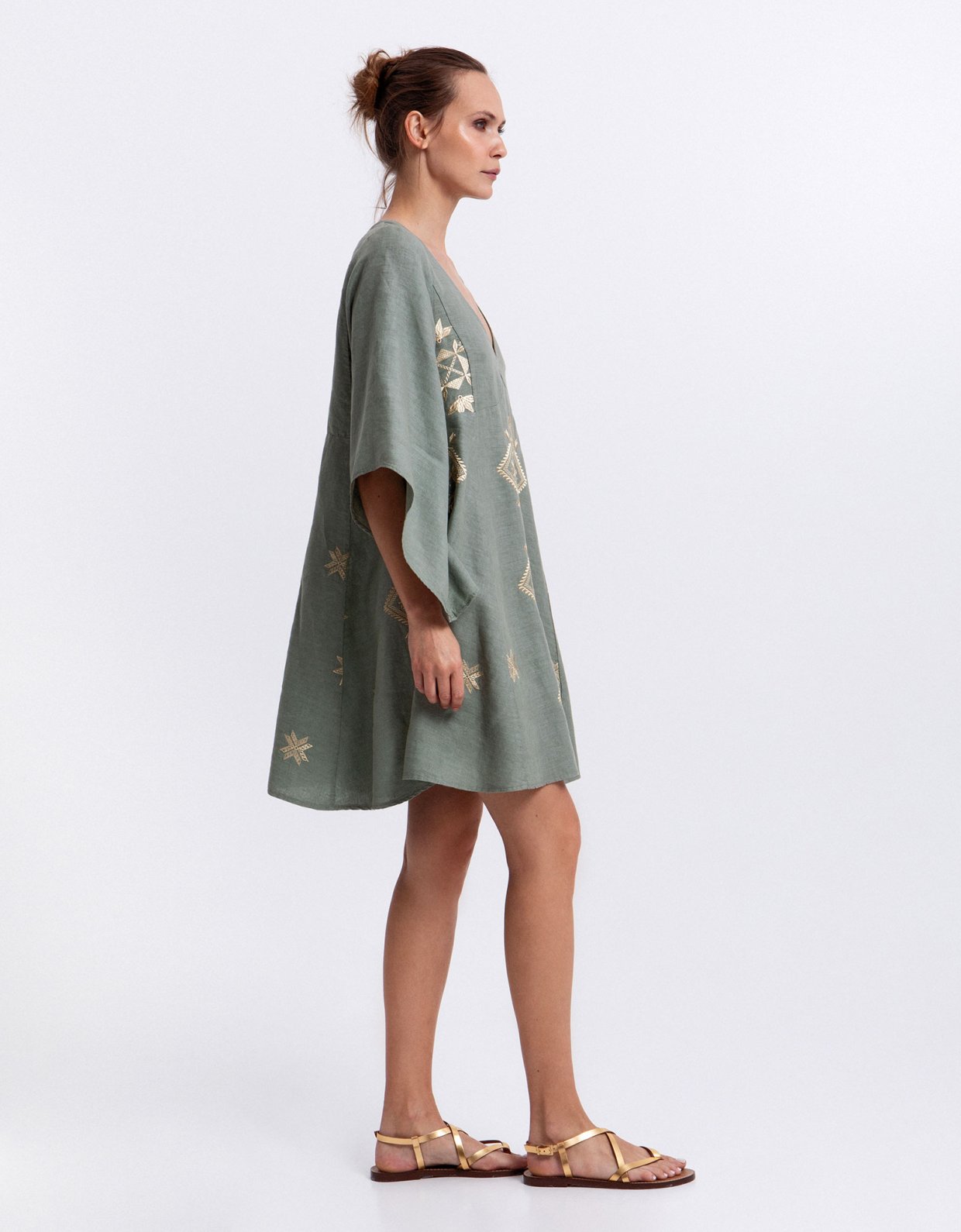 Greek Archaic Kori Lefkada mini linen dress sage-gold