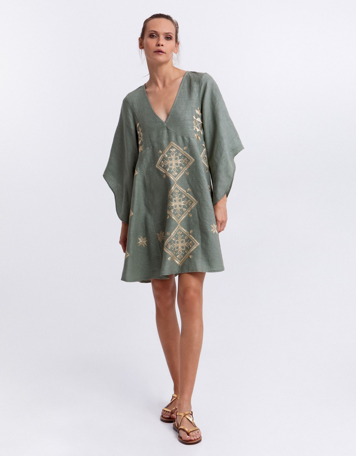Greek Archaic Kori Lefkada mini linen dress sage-gold