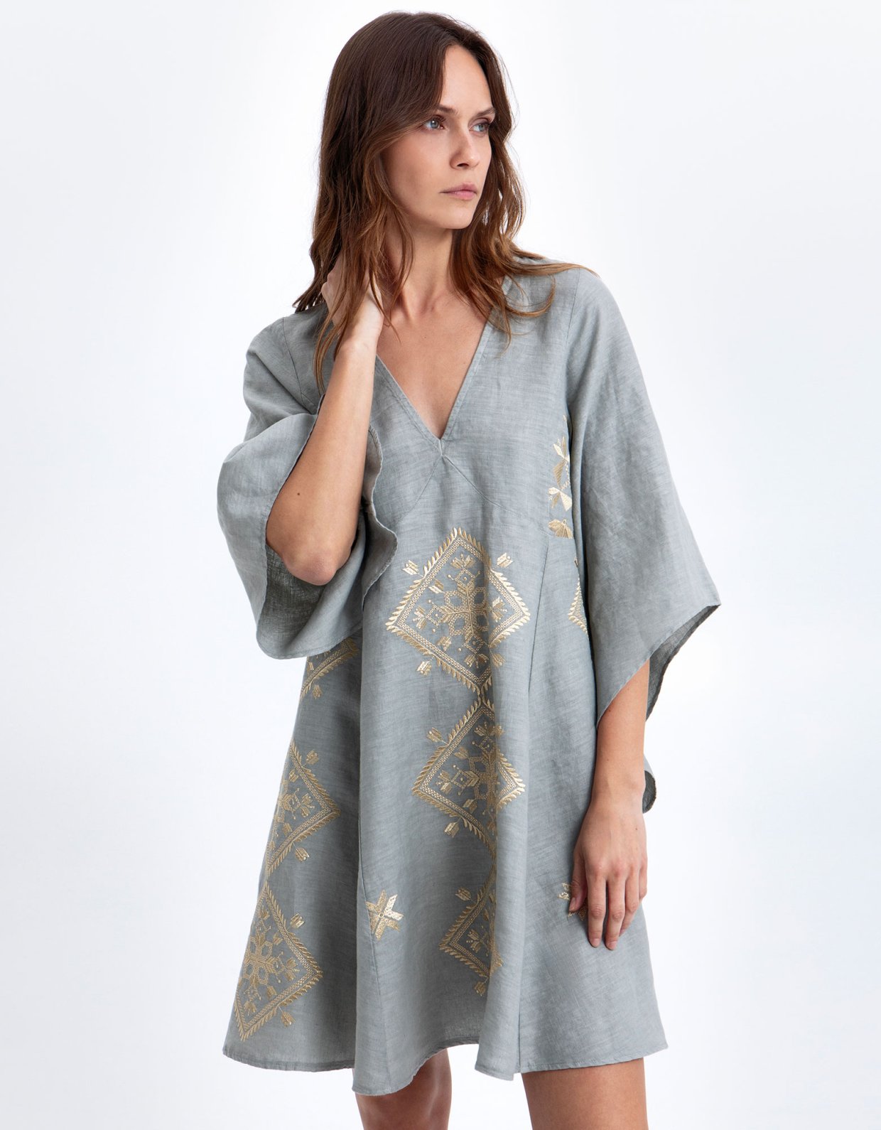 Greek Archaic Kori Lefkada mini linen dress stone-gold