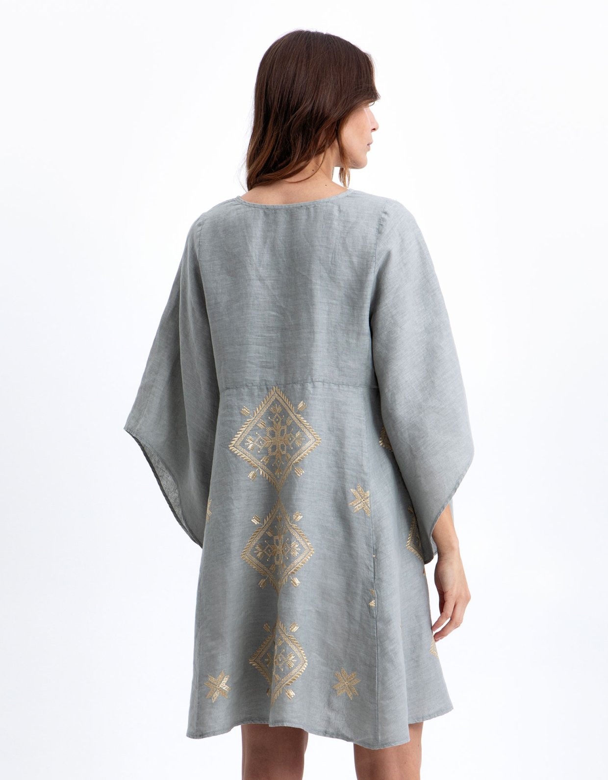 Greek Archaic Kori Lefkada mini linen dress stone-gold