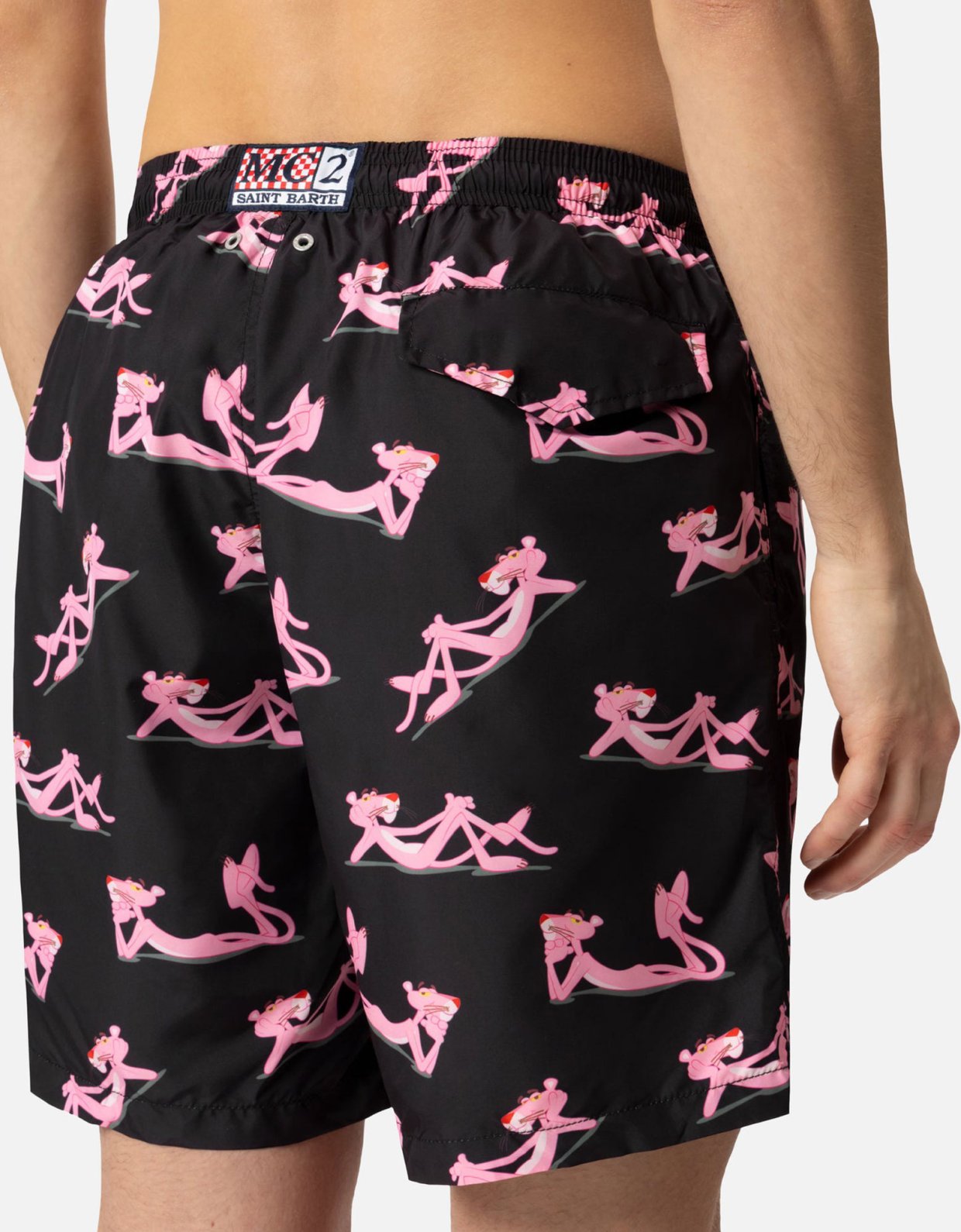 MC2 Saint Barth Lightweight fabric swim shorts lighting with the Pink Panther print