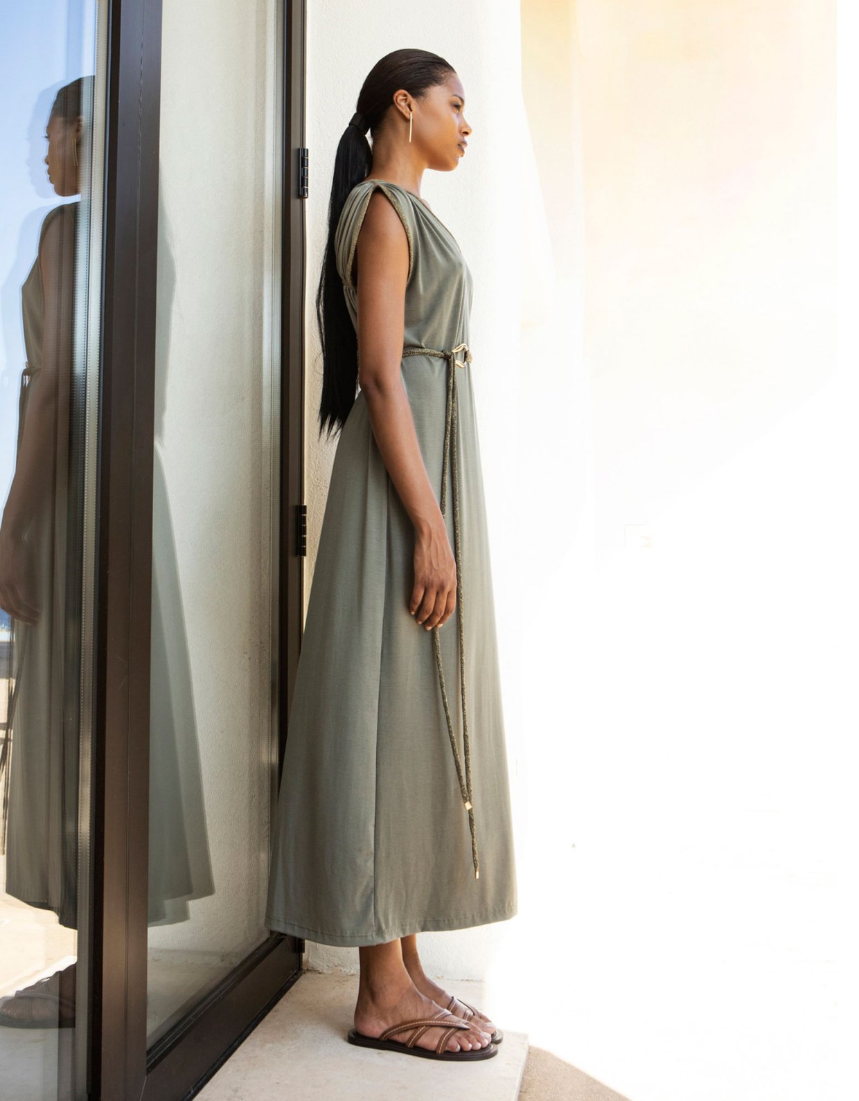 Aggel Knitwear Long jersey sleeveless dress khaki