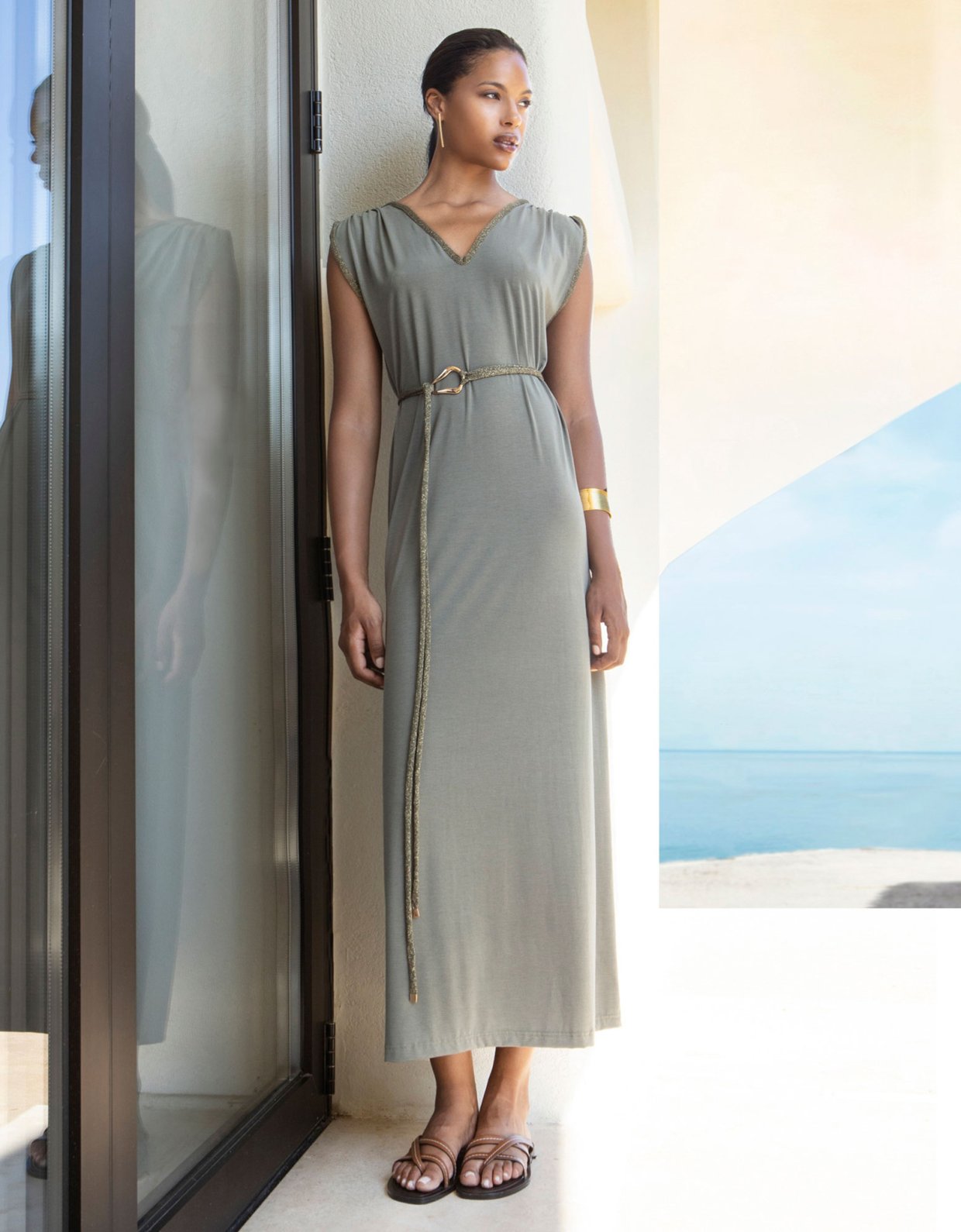 Aggel Knitwear Long jersey sleeveless dress khaki