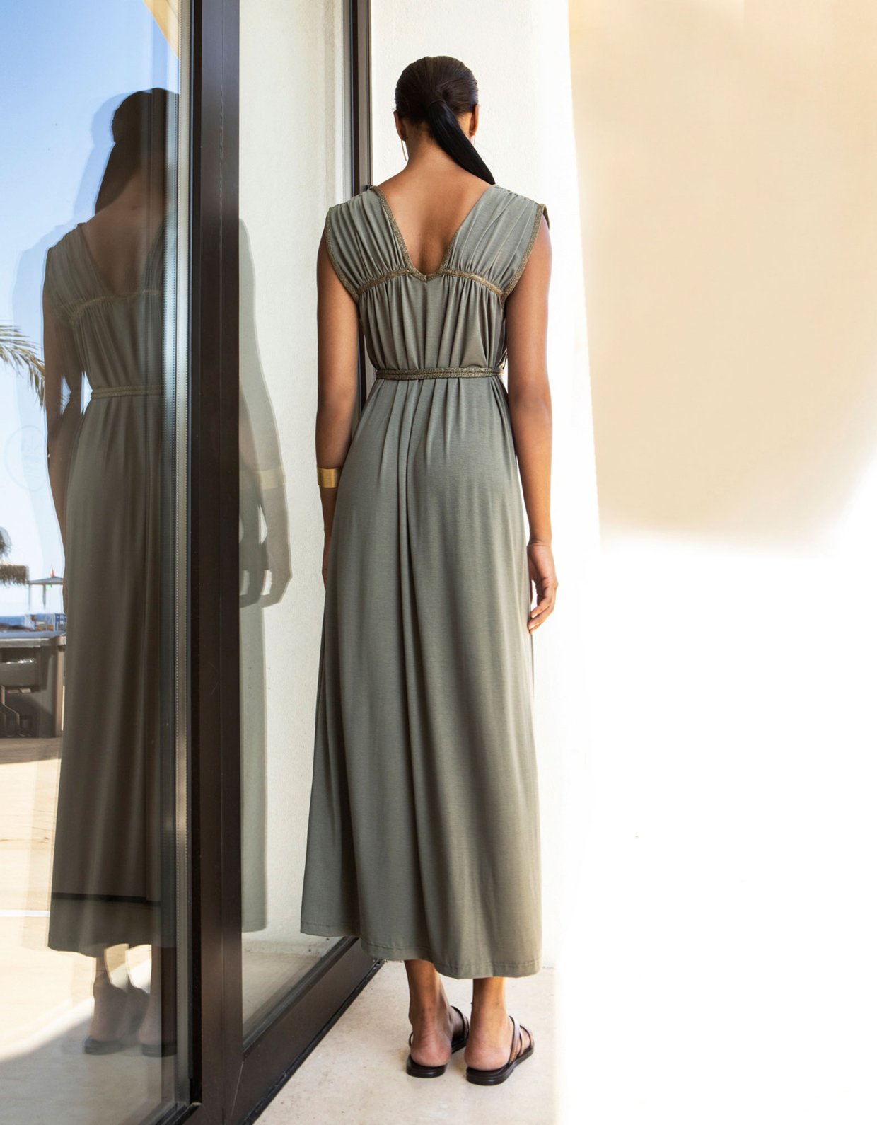 Aggel Knitwear Long jersey sleeveless dress khaki