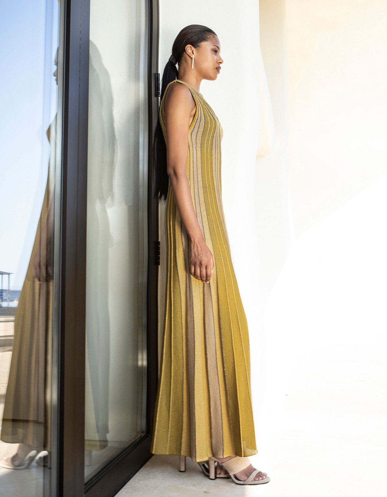 Aggel Knitwear Lurex maxi knit dress rich gold-olive