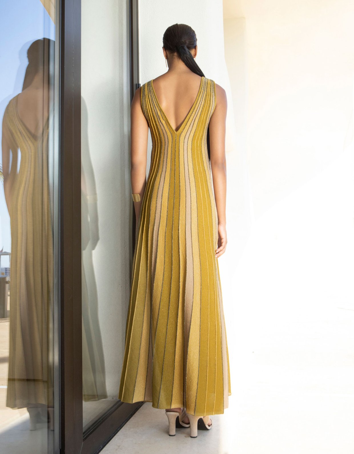 Aggel Knitwear Lurex maxi knit dress rich gold-olive
