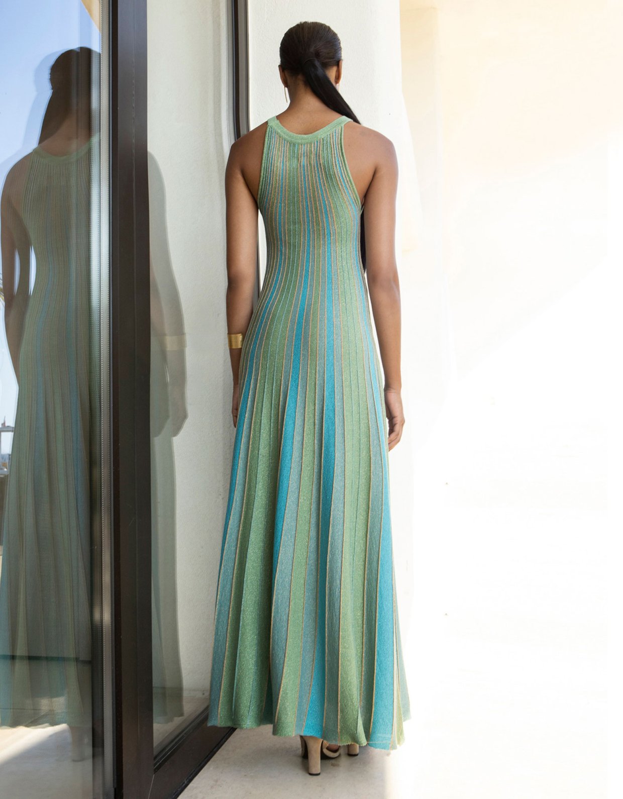 Aggel Knitwear Lurex maxi knit halter neck dress aqua teal-aloe