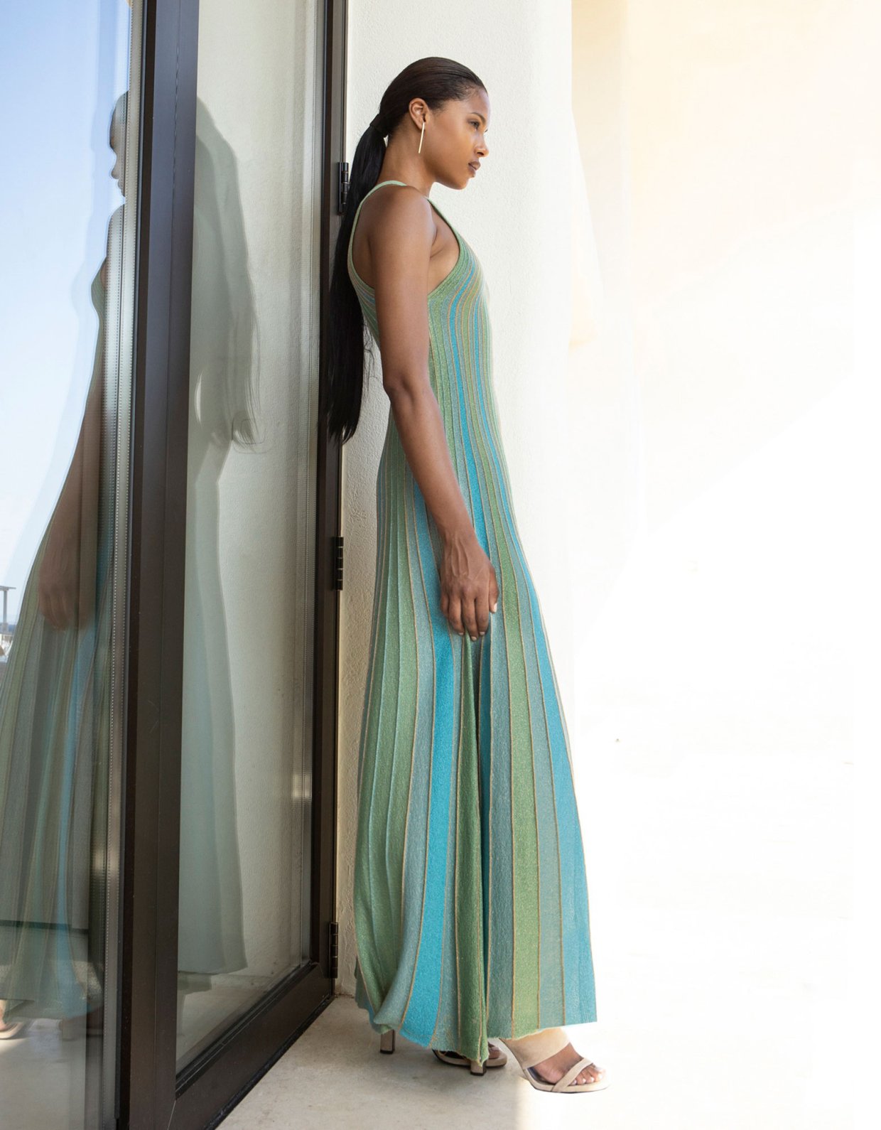 Aggel Knitwear Lurex maxi knit halter neck dress aqua teal-aloe