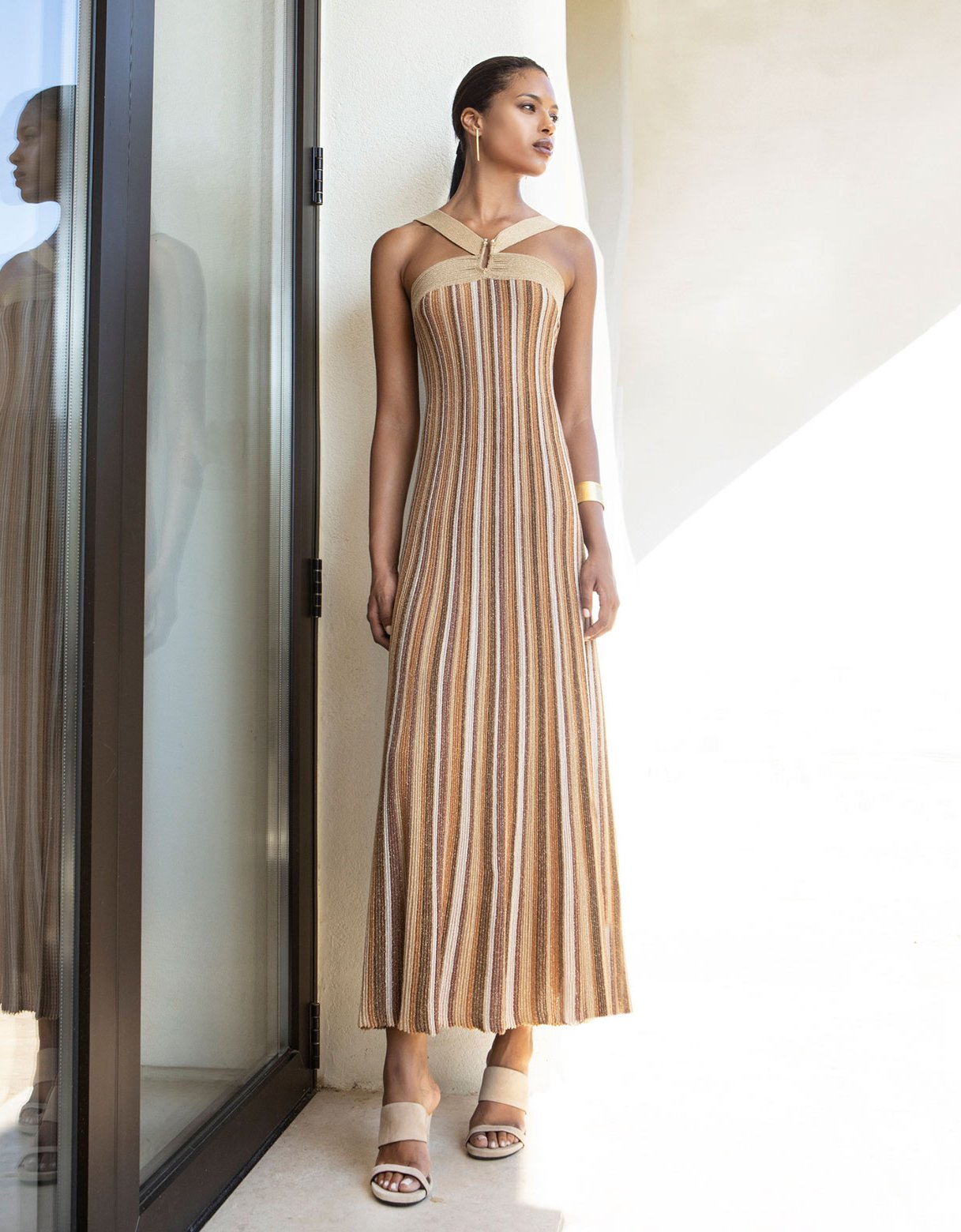 Aggel Knitwear Lurex maxi knit halter neck dress tan gold-bronze