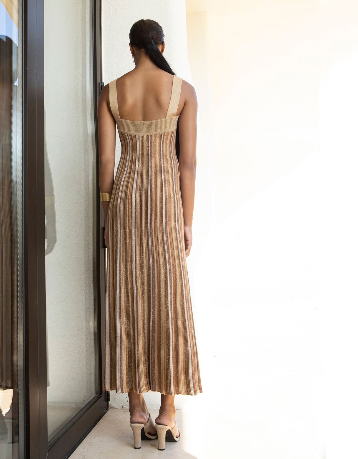 Aggel Knitwear Lurex maxi knit halter neck dress tan gold-bronze