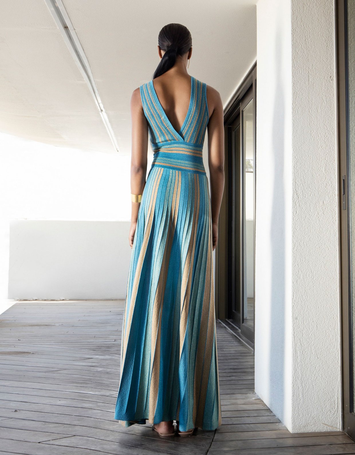 Aggel Knitwear Lurex maxi sleeveless knit dress petrol-tan gold