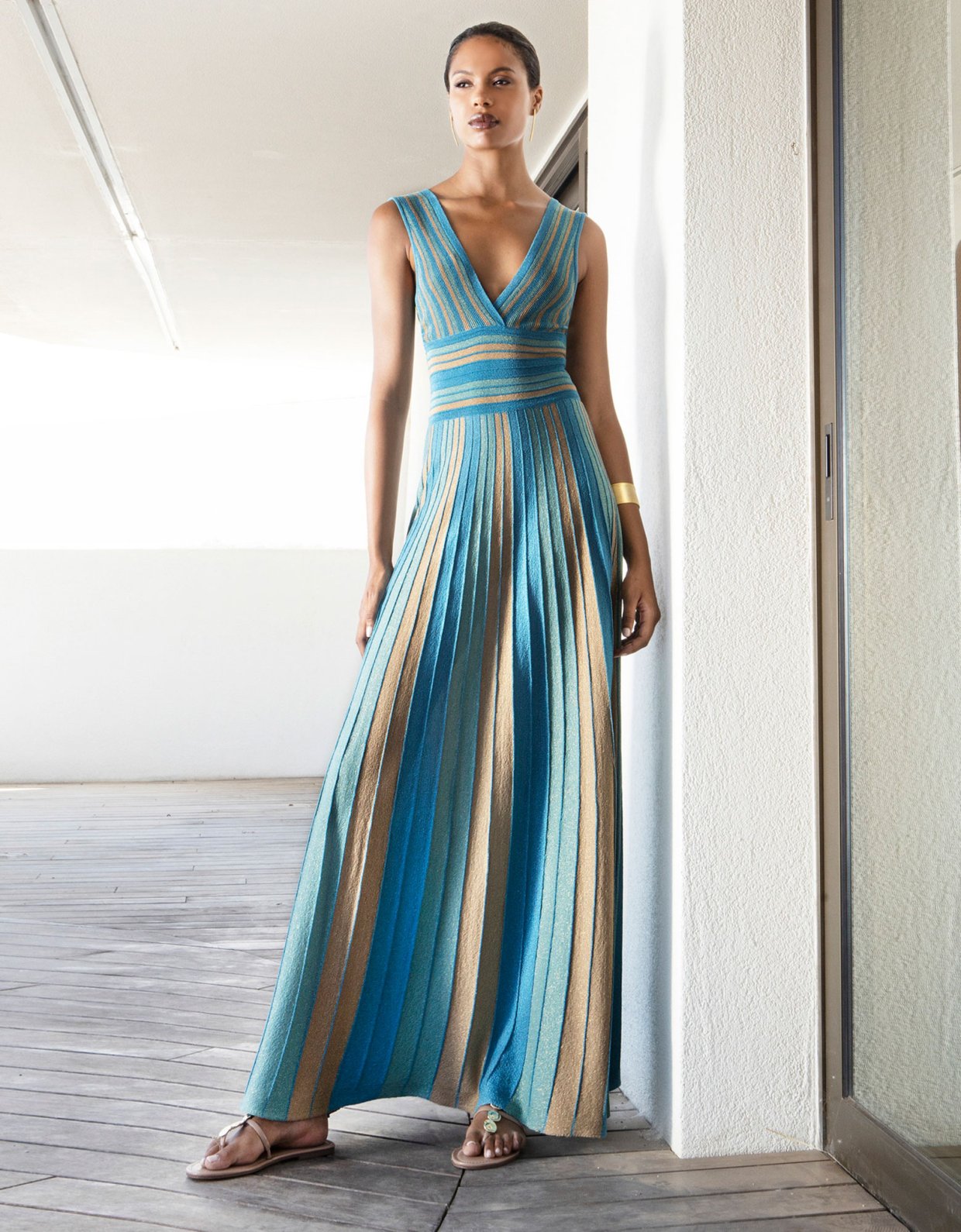 Aggel Knitwear Lurex maxi sleeveless knit dress petrol-tan gold