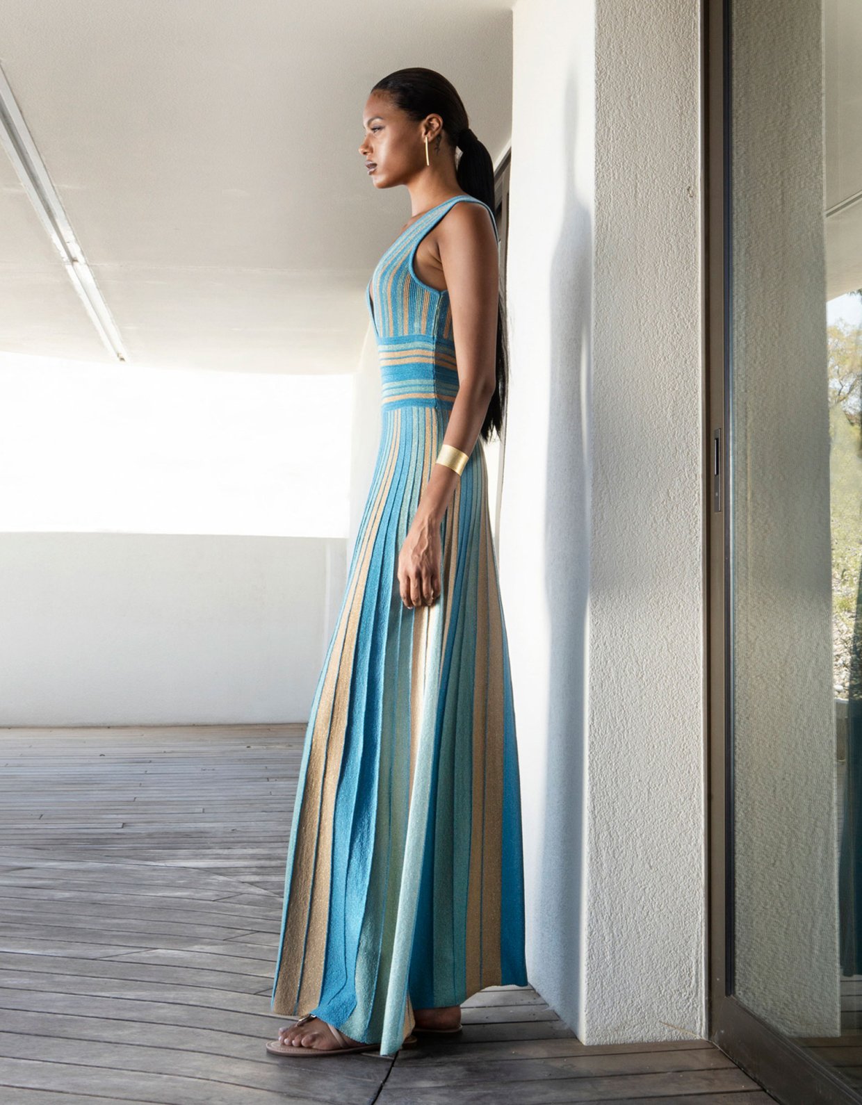 Aggel Knitwear Lurex maxi sleeveless knit dress petrol-tan gold